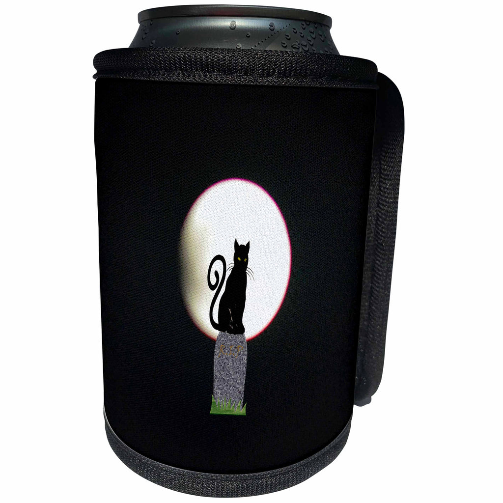 3dRose Beverly Turner Halloween Design - Black Cat on Gravestone, Moon in Background - Can Cooler Bottle Wrap (cc_254496)