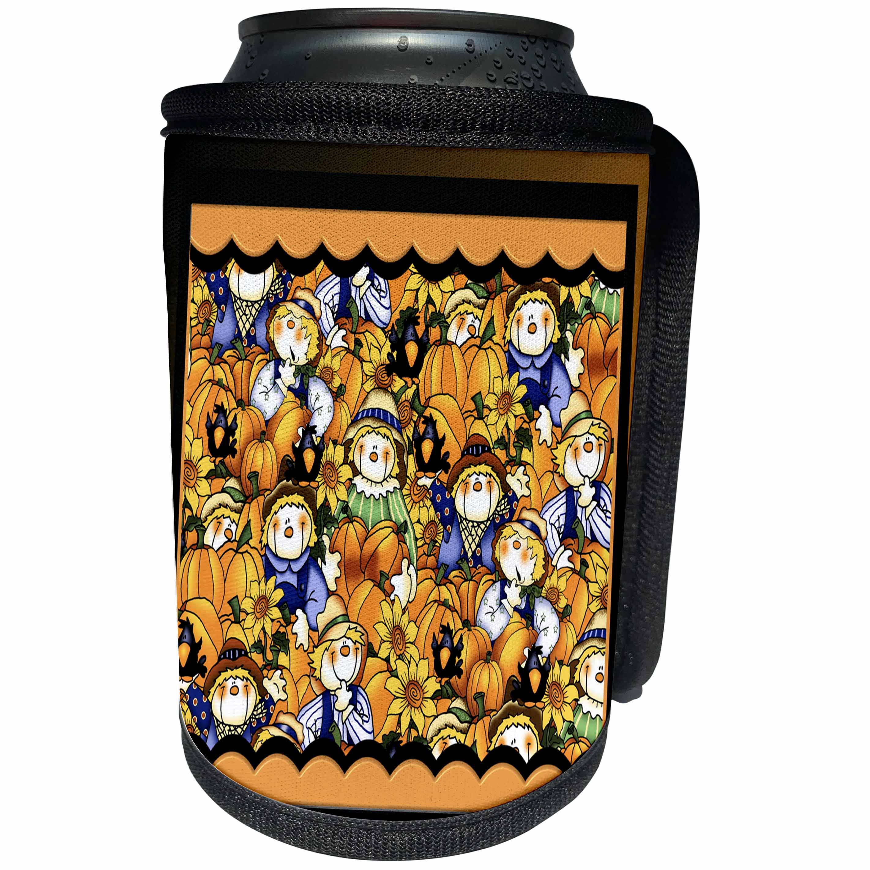 3dRose Beverly Turner Halloween Design - Scarecrows, Sunflowers, and Pumpkins - Can Cooler Bottle Wrap (cc_254507)