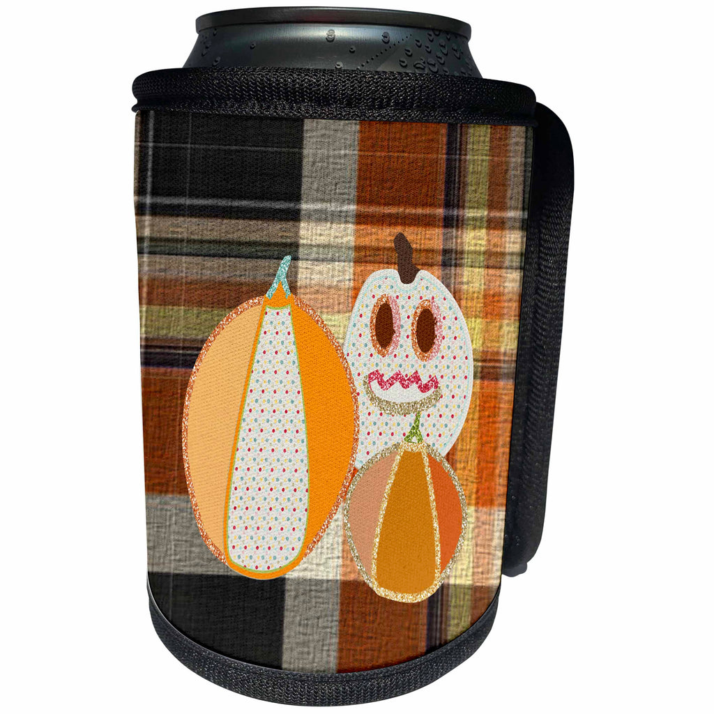 3dRose Beverly Turner Halloween Design - Three Jack O Lanterns with Glitter and Dots on Plaid - Can Cooler Bottle Wrap (cc_254509)