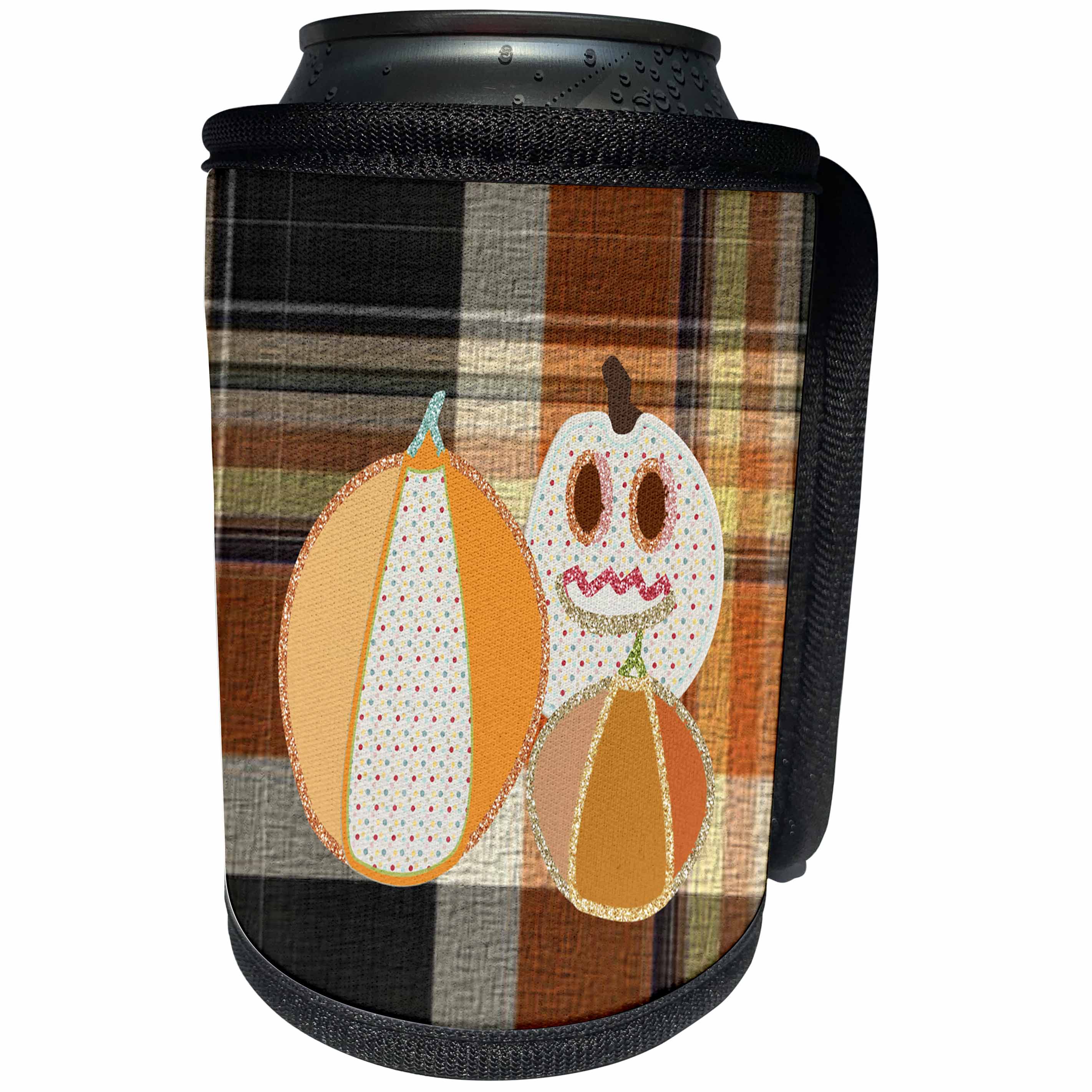 3dRose Beverly Turner Halloween Design - Three Jack O Lanterns with Glitter and Dots on Plaid - Can Cooler Bottle Wrap (cc_254509)
