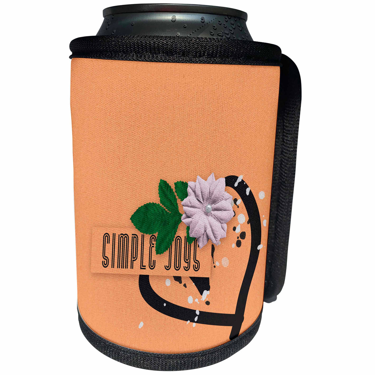 3dRose Beverly Turner Flora Design - Simple Joys, Pink Flower with Leaves on Black Heart, Peach Background - Can Cooler Bottle Wrap (cc_254511)