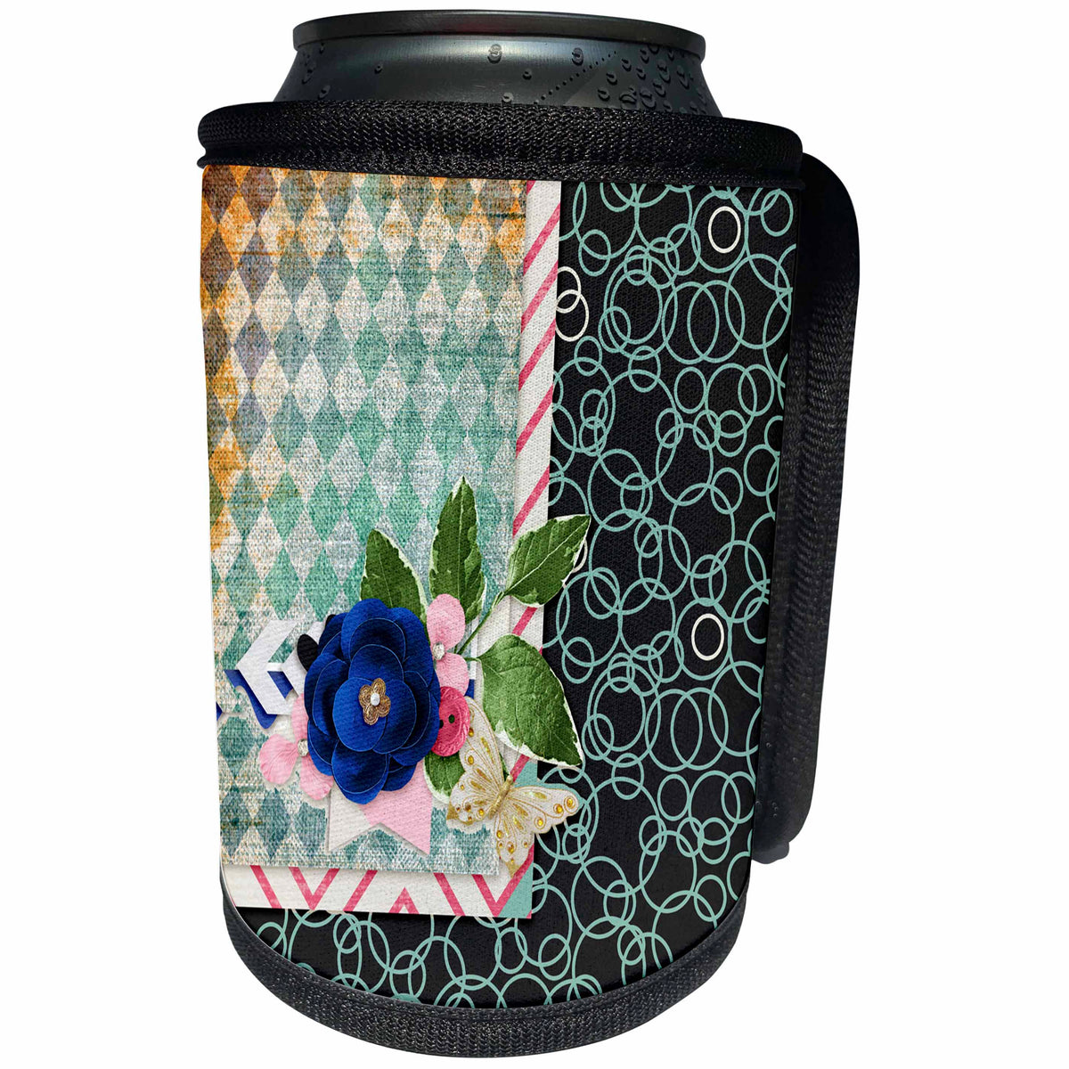 3dRose Beverly Turner Flora Design - Big Blue, Pink Flower, Butterfly on Diamonds and Circles - Can Cooler Bottle Wrap (cc_254515)