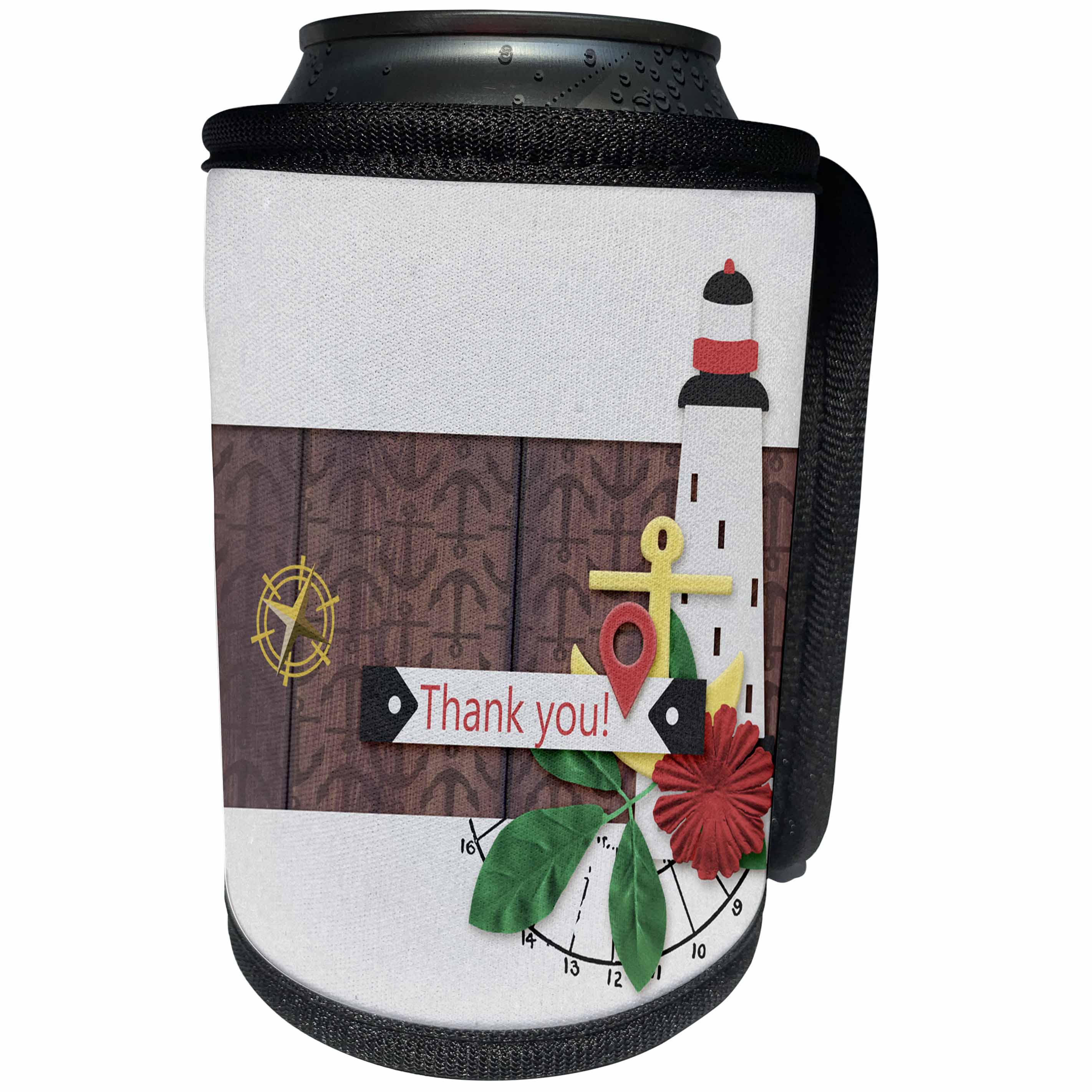 3dRose Beverly Turner Thank you Design - Lighthouse Thank you with Anchor, Compass, and Red Flower - Can Cooler Bottle Wrap (cc_254516)