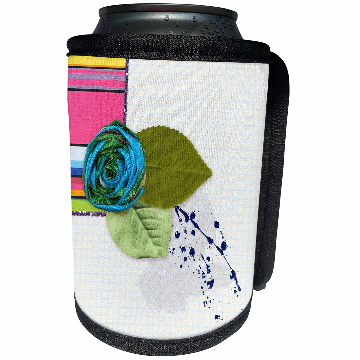 3dRose Beverly Turner Flora Design - Blue Cloth Rose, with Green Leaves on White and Blue Graphic Paper - Can Cooler Bottle Wrap (cc_254519)