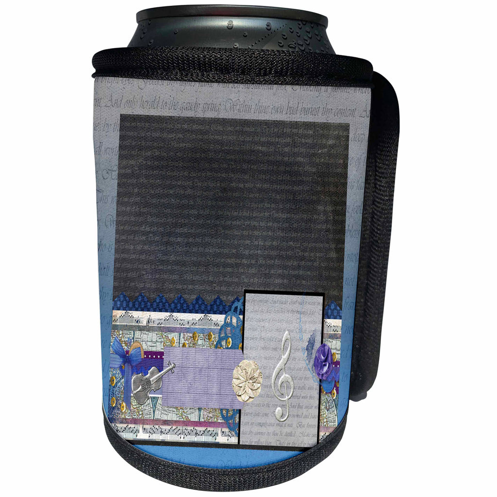 3dRose Beverly Turner Music Design - Music Theme, Violin, Musical Notes, Flowers, Words, Bow, Blue, Purple - Can Cooler Bottle Wrap (cc_254529)