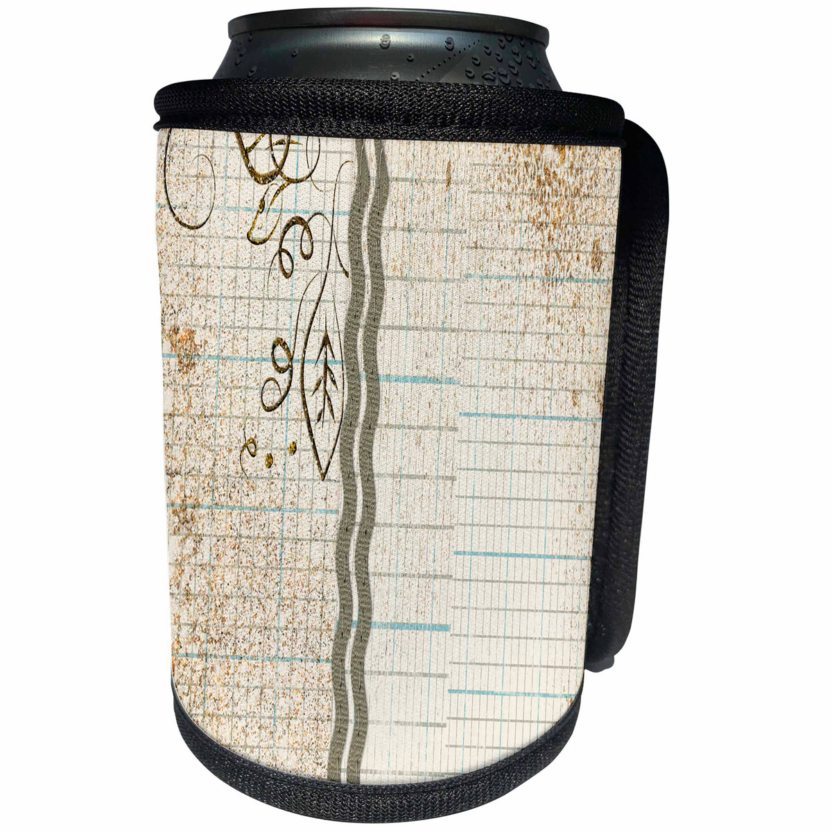 3dRose Beverly Turner Designs - Pretty Leaves on Tan and Blue Graphic Paper Look, Paint Spatters - Can Cooler Bottle Wrap (cc_254536)
