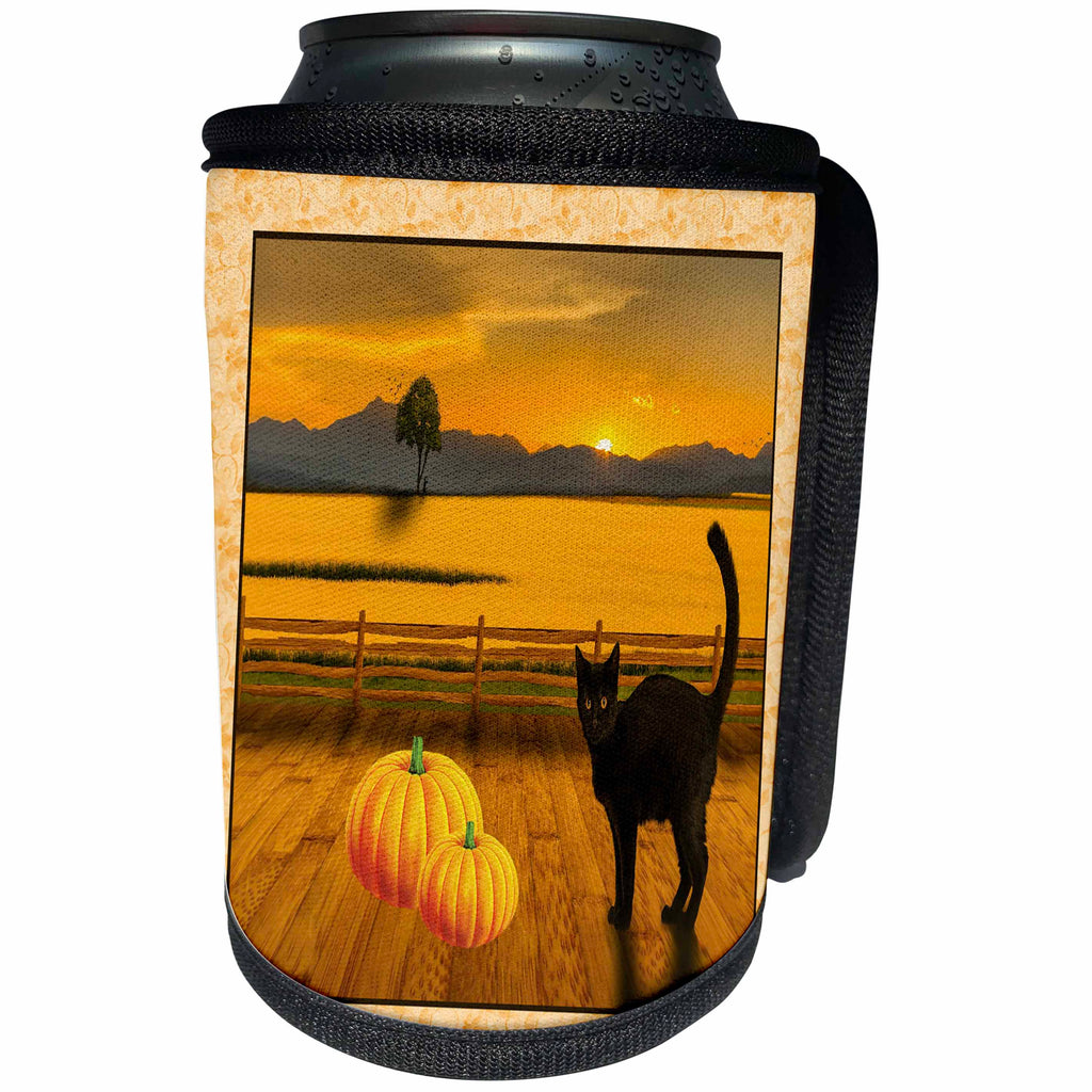 3dRose Beverly Turner Halloween Design - Black Cat on Deck with Pumpkins, Scenic Landscape, Sunset - Can Cooler Bottle Wrap (cc_254540)