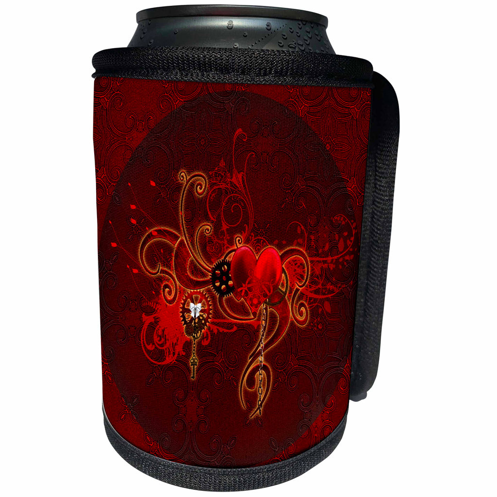 3dRose Heike Köhnen Design Holiday Valentines day - Red heart with key and gears - Can Cooler Bottle Wrap (cc_254542)