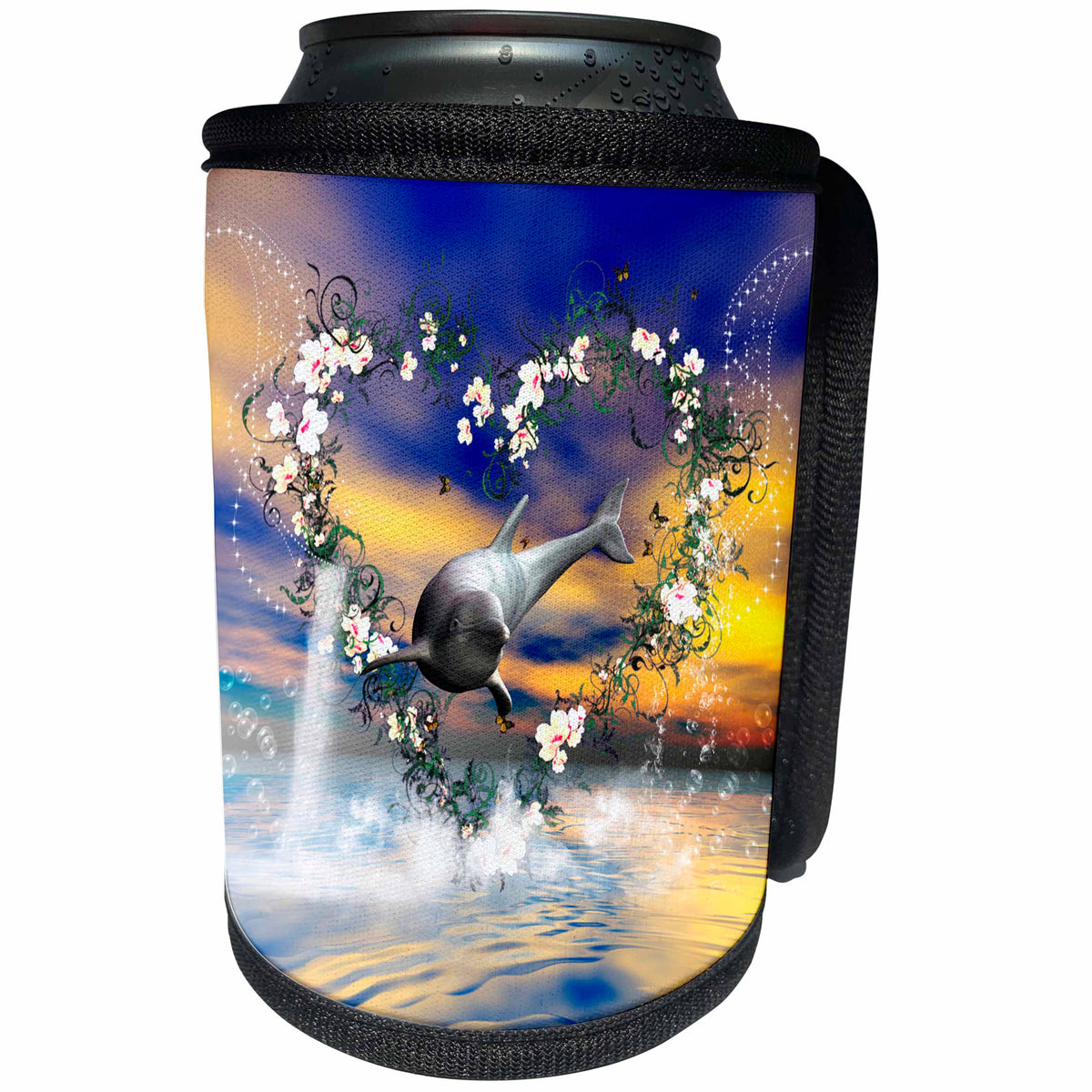 3dRose Heike Köhnen Design Animal Dolphin - Dolphin jumping by a heart made of flowers - Can Cooler Bottle Wrap (cc_254544)