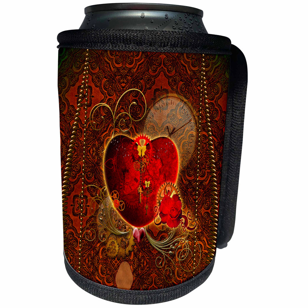 3dRose Heike Köhnen Design Holiday Valentines day - Wonderful heart with gears and rose, steampunk design - Can Cooler Bottle Wrap (cc_254551)
