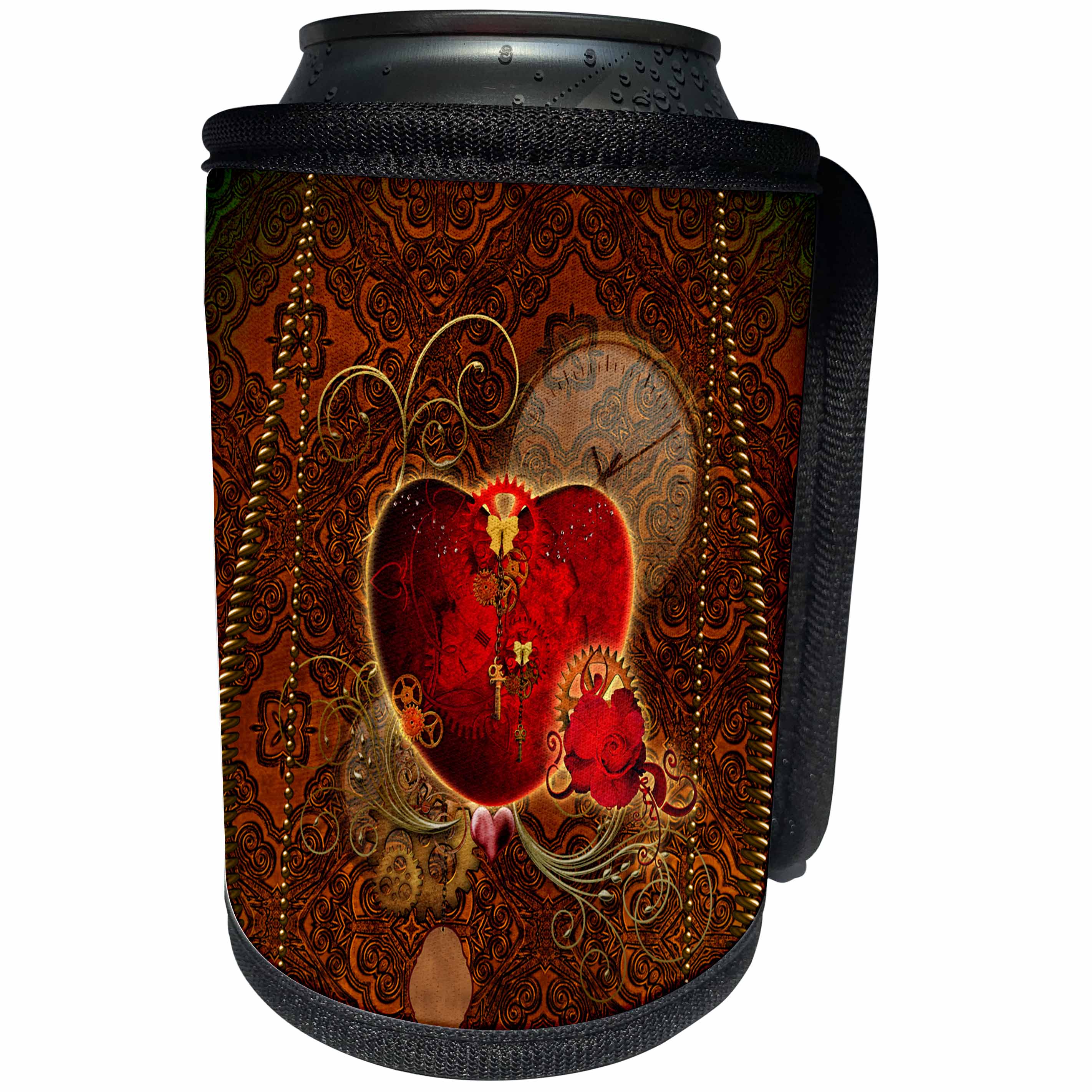 3dRose Heike Köhnen Design Holiday Valentines day - Wonderful heart with gears and rose, steampunk design - Can Cooler Bottle Wrap (cc_254551)