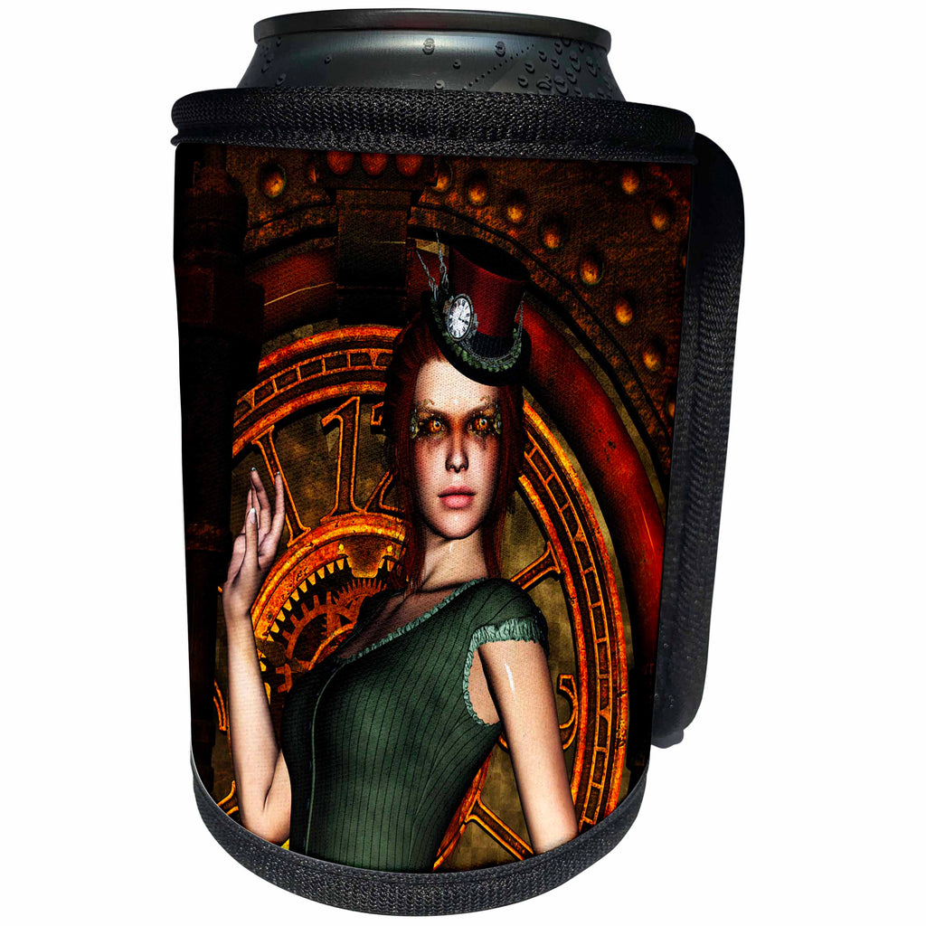 3dRose Heike Köhnen Design Steampunk - Steampunk lady with hat, clocks and gears - Can Cooler Bottle Wrap (cc_254552)