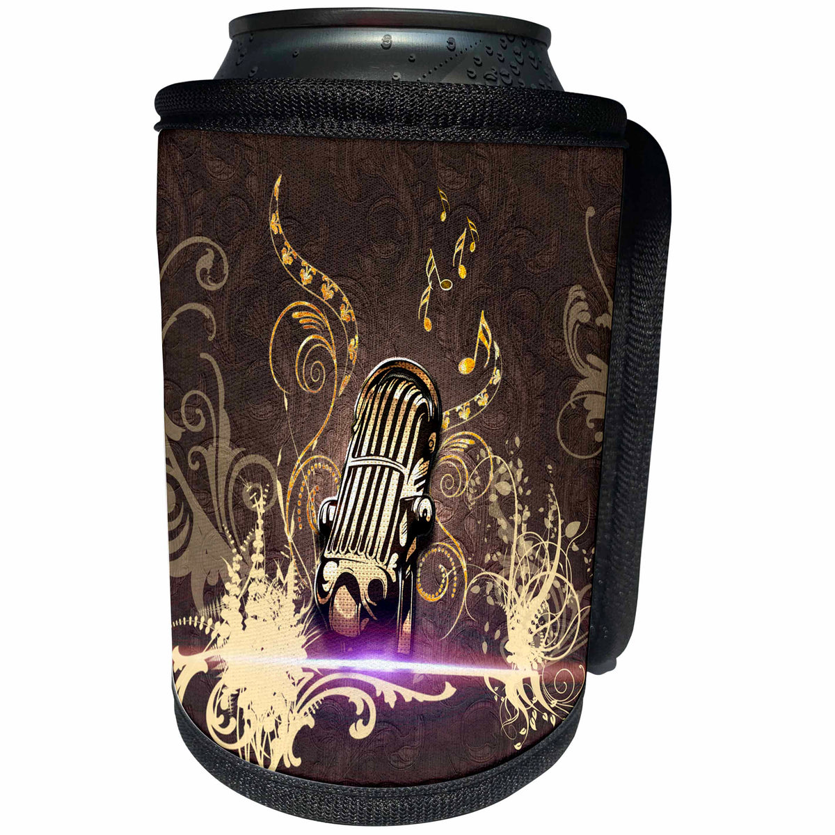 3dRose Heike Köhnen Design Music - Music, golden microphone on brown vintage background - Can Cooler Bottle Wrap (cc_254559)