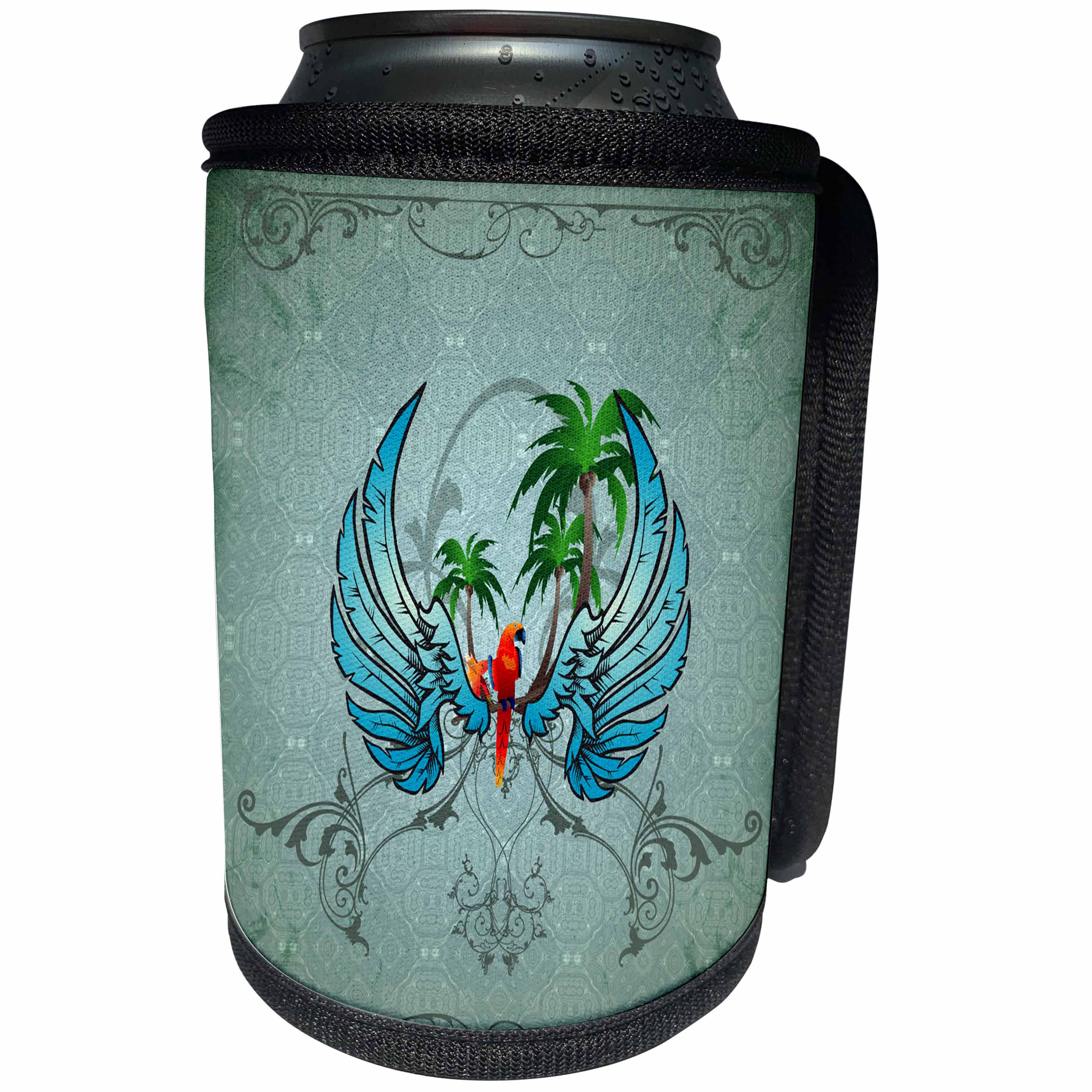 3dRose Heike Köhnen Design Nature Flowers - Cute parrot and flowers - Can Cooler Bottle Wrap (cc_254561)