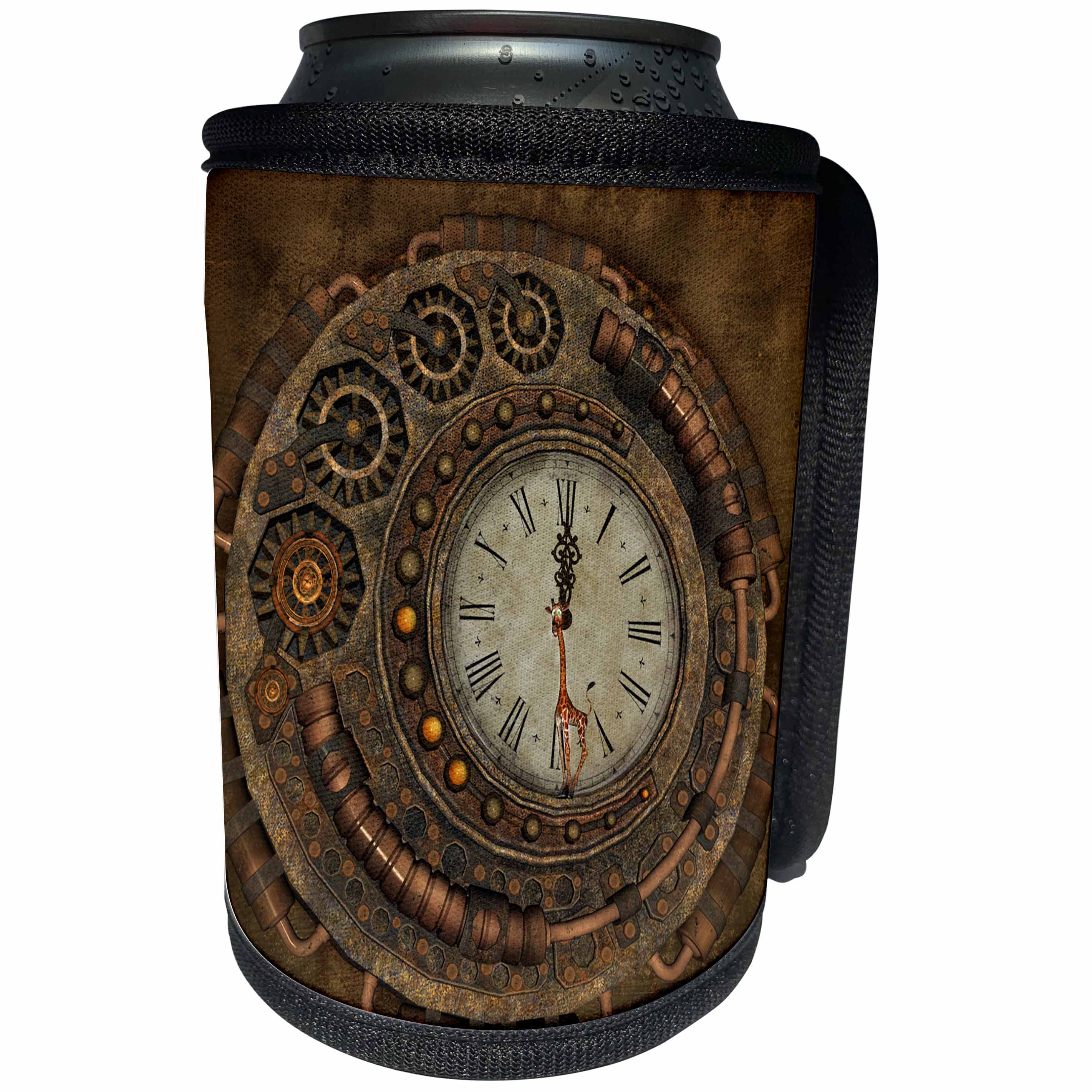 3dRose Heike Köhnen Design Steampunk - Steampunk, awesome clock with cute giraffe - Can Cooler Bottle Wrap (cc_254568)