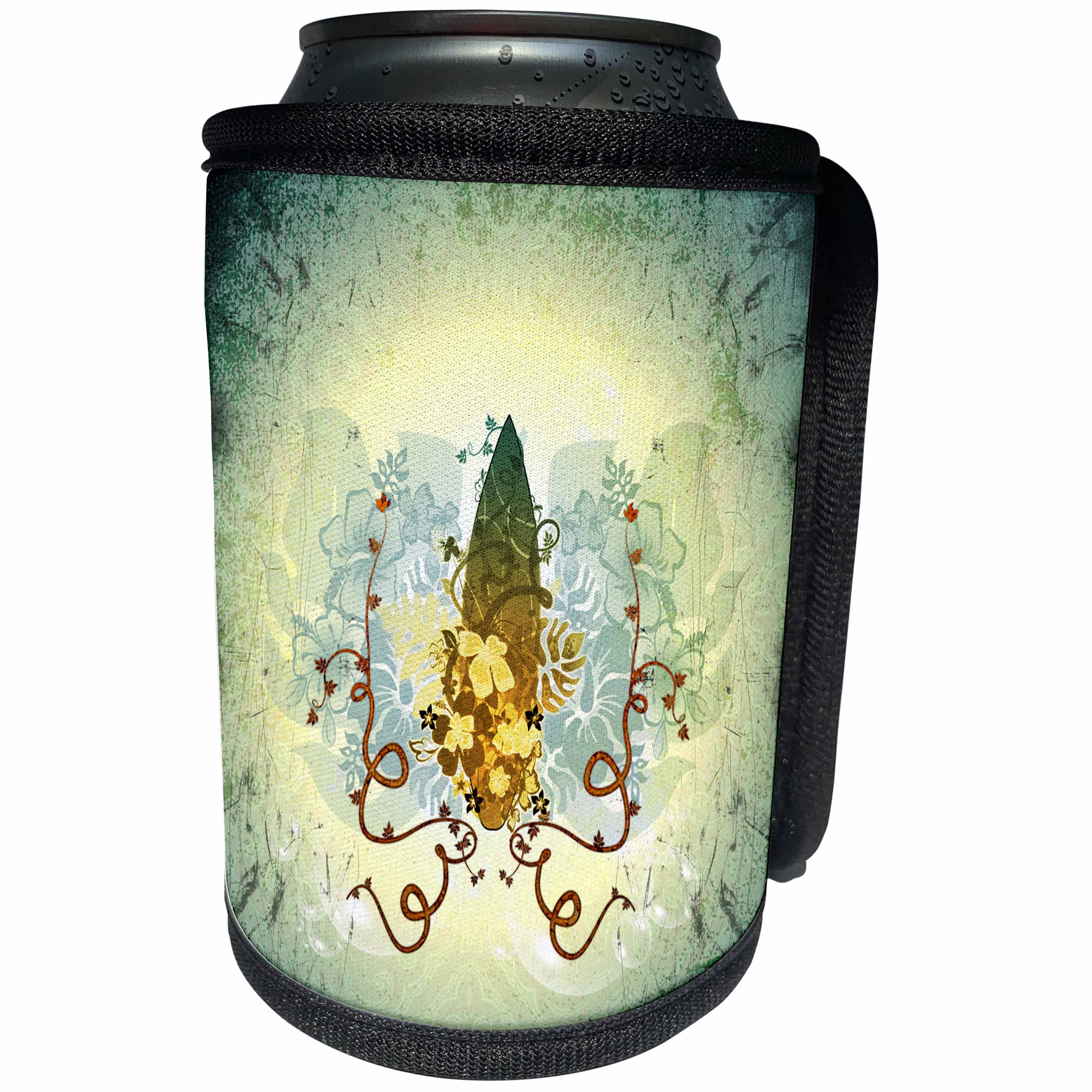 3dRose Heike Köhnen Design Sport - Surfing surfboard with flowers and grunge - Can Cooler Bottle Wrap (cc_254574)