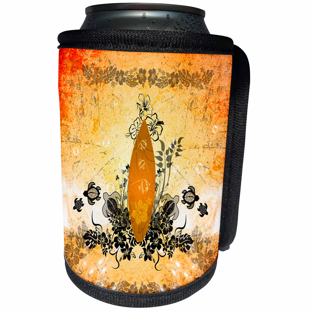 3dRose Heike Köhnen Design Sport - Sport surfboard with turtles and flowers - Can Cooler Bottle Wrap (cc_254576)