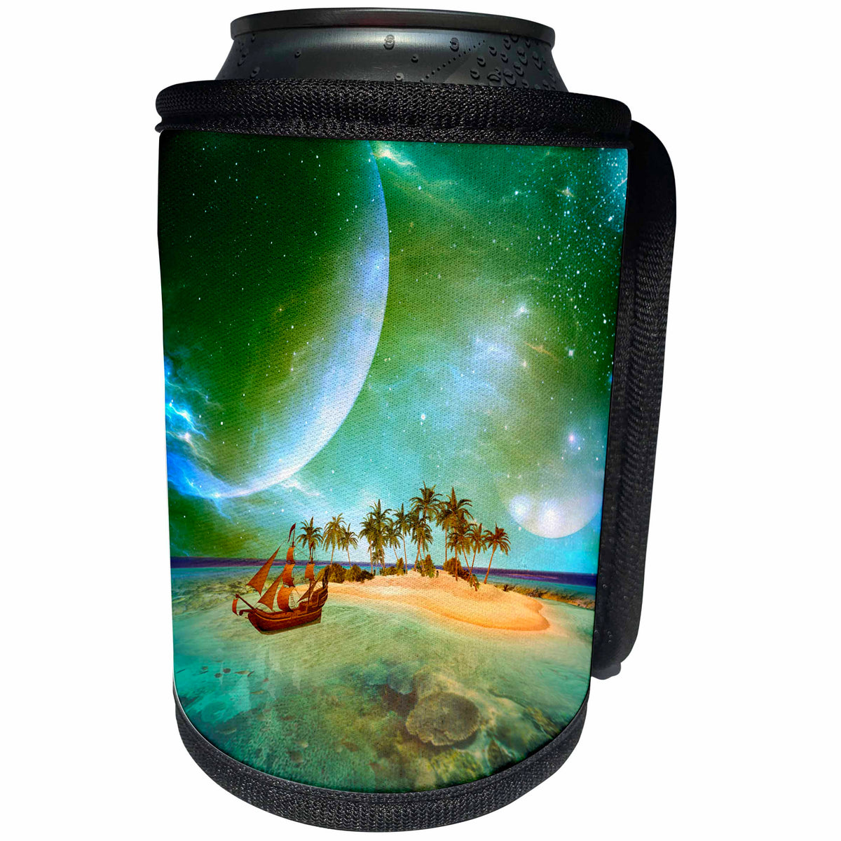 3dRose Heike Köhnen Design Fantasy - Wonderful tropical island with ship - Can Cooler Bottle Wrap (cc_254586)