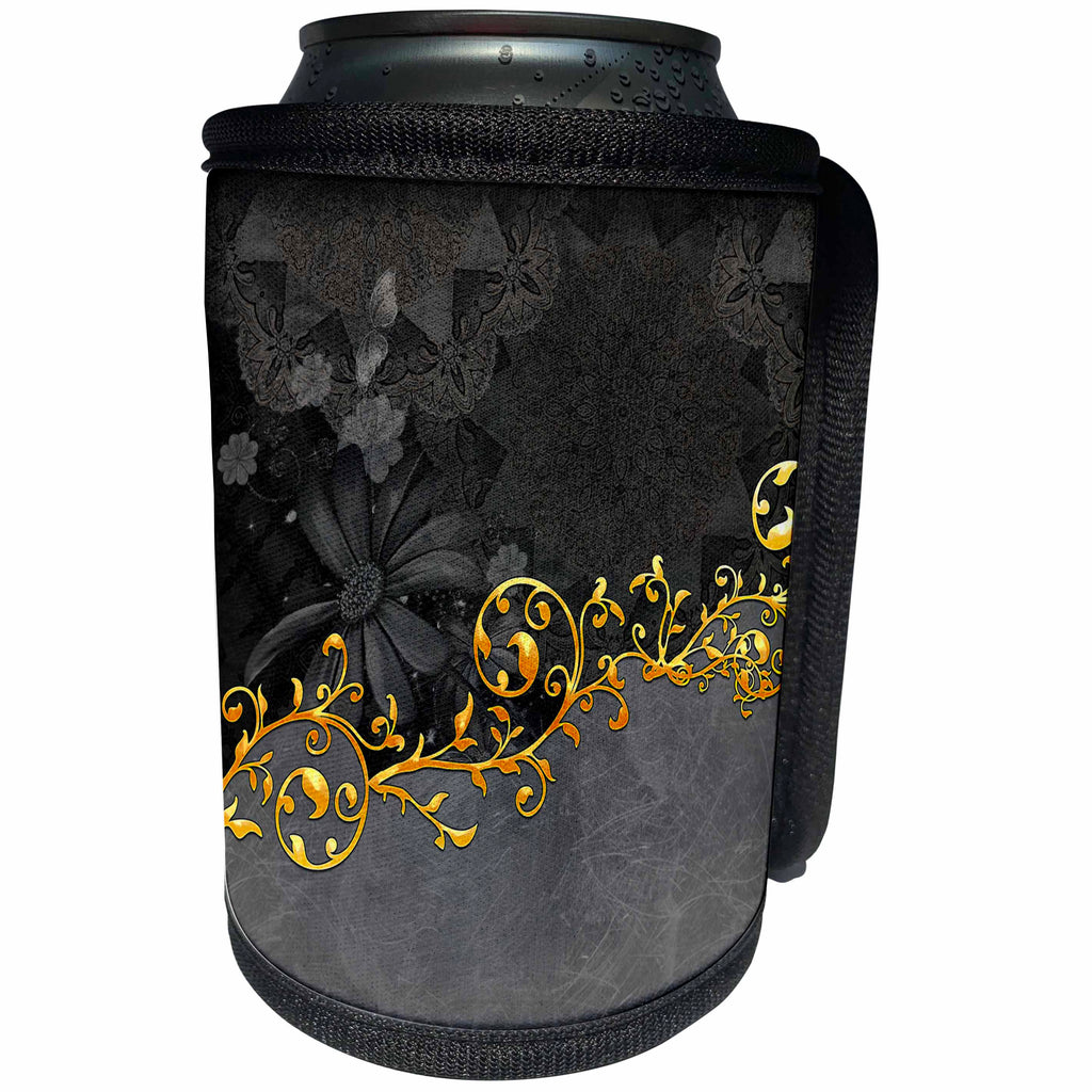 3dRose Heike Köhnen Design Vintage - Wonderful floral design in grey and gold - Can Cooler Bottle Wrap (cc_254587)