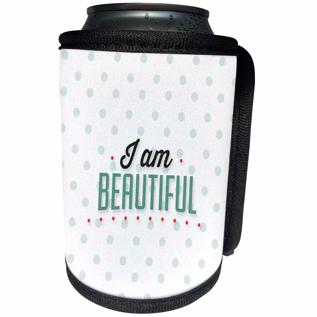 3dRose Doreen Erhardt Inspirational - I Am Beautiful Inspirational Word Art on Soft Green Polk Dots - Can Cooler Bottle Wrap (cc_254753)