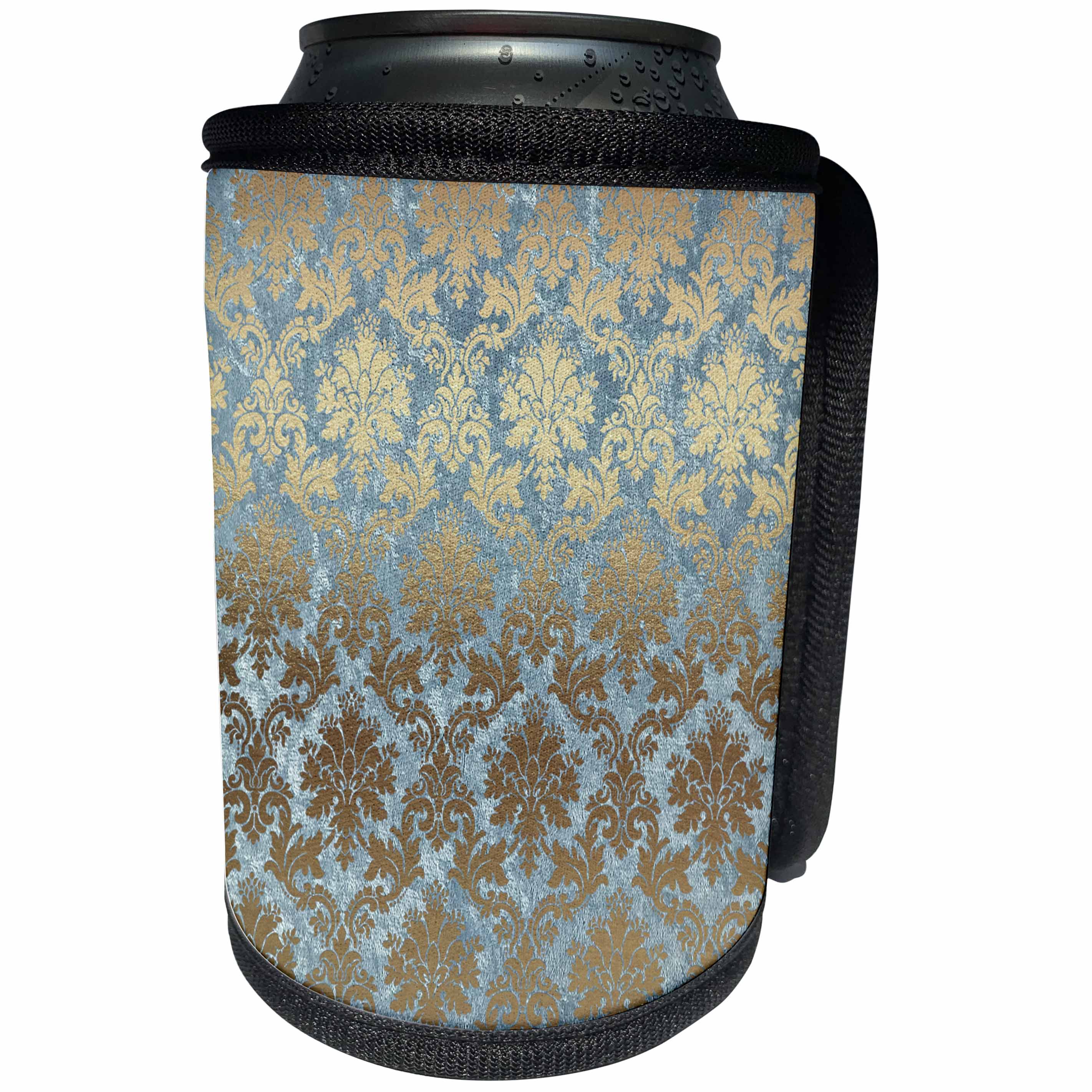 3dRose Anne Marie Baugh - Patterns - Pretty Faux Foil Blue and Gold Damask - Can Cooler Bottle Wrap (cc_254802)