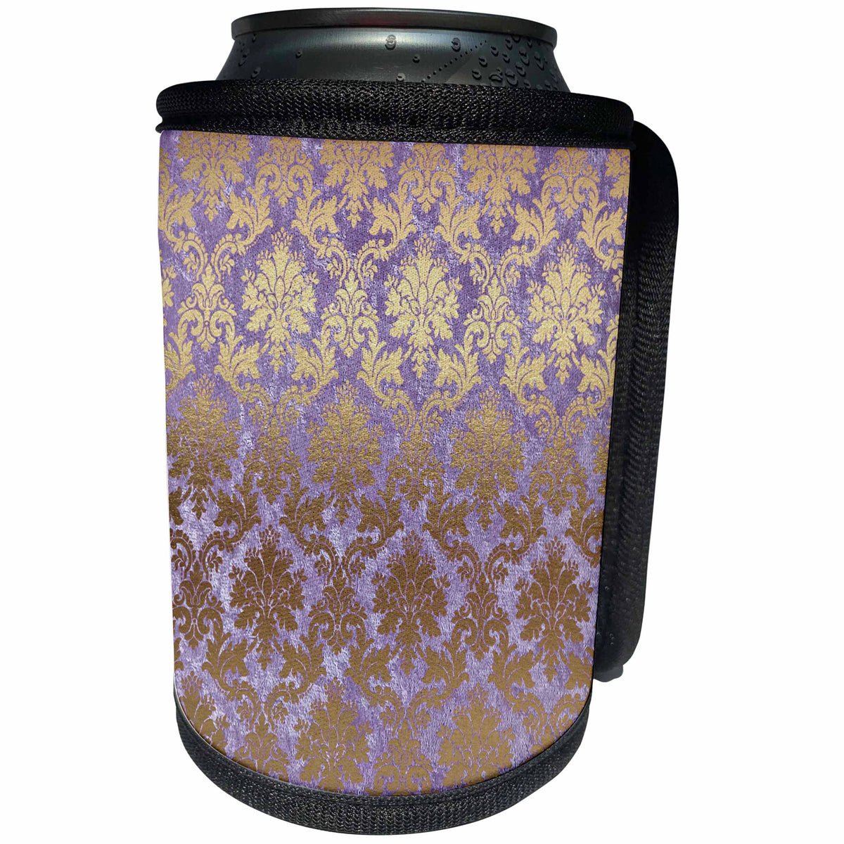 3dRose Anne Marie Baugh - Patterns - Pretty Faux Foil Purple and Gold Damask - Can Cooler Bottle Wrap (cc_254803)