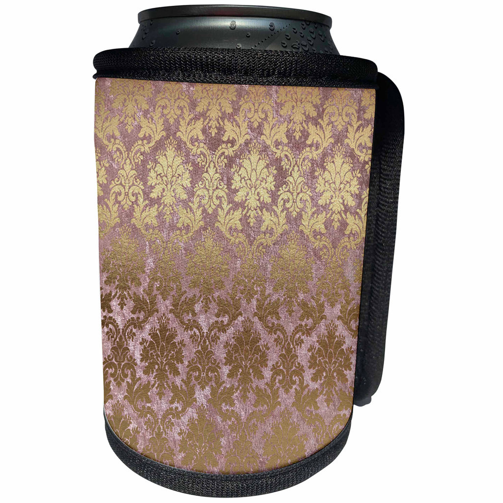 3dRose Anne Marie Baugh - Patterns - Pretty Faux Foil Pink and Gold Damask - Can Cooler Bottle Wrap (cc_254804)