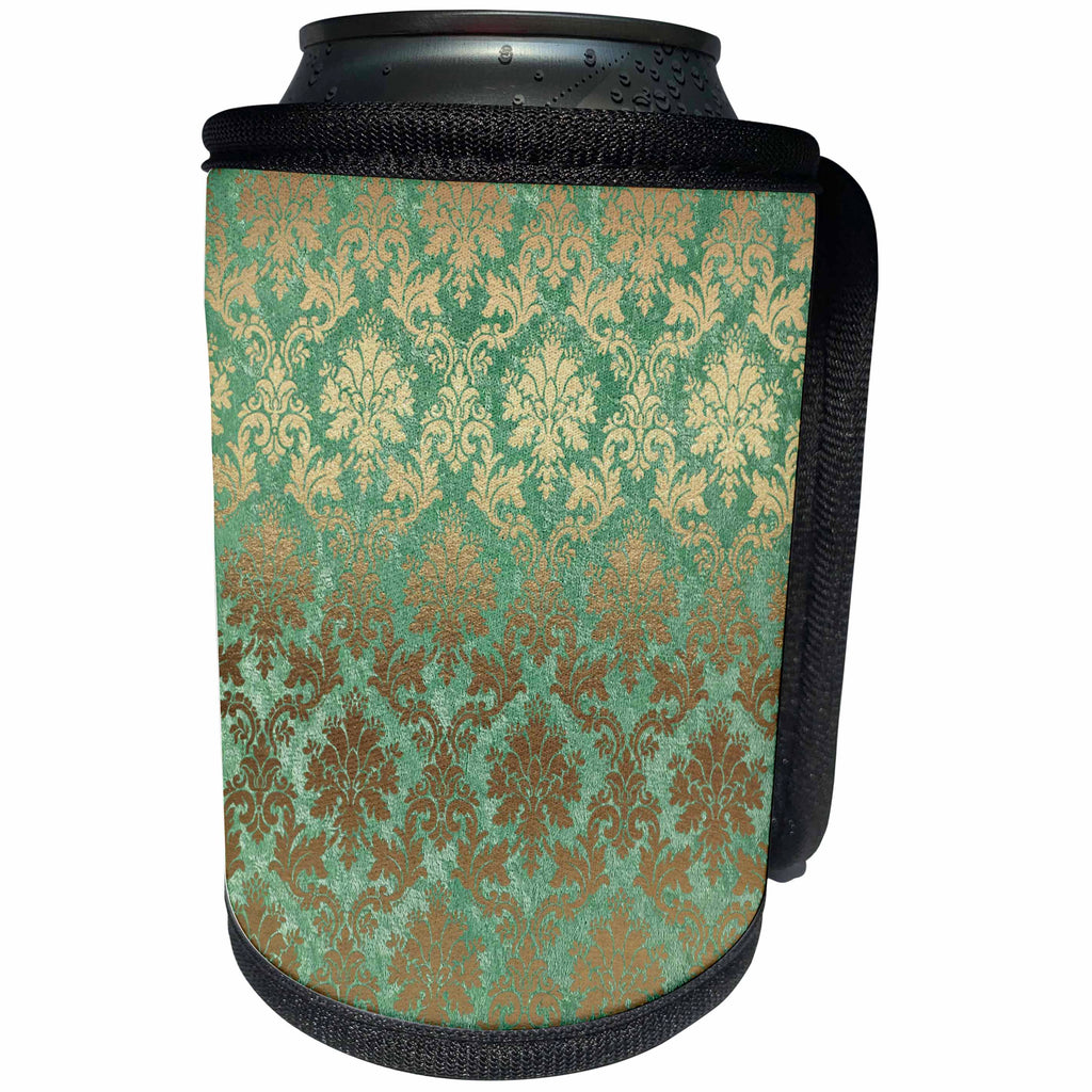 3dRose Anne Marie Baugh - Patterns - Pretty Faux Foil Green and Gold Damask - Can Cooler Bottle Wrap (cc_254805)