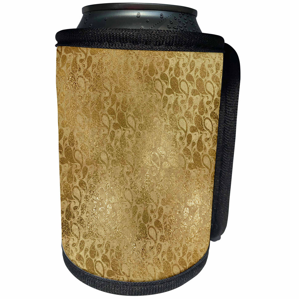 3dRose Anne Marie Baugh - Shades Of Gold - Pretty Gold On Gold Faux Foil Paisley Pattern - Can Cooler Bottle Wrap (cc_254815)