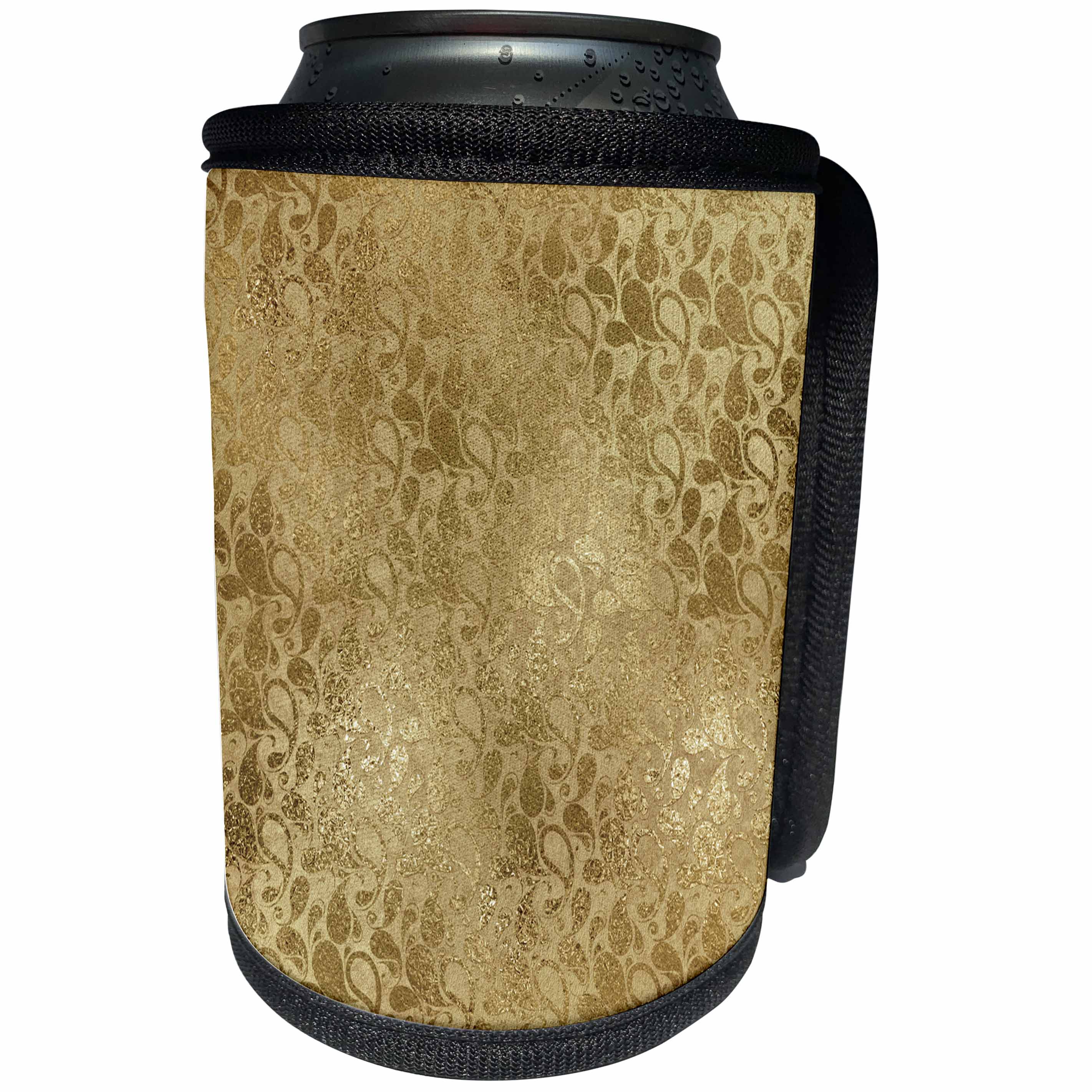 3dRose Anne Marie Baugh - Shades Of Gold - Pretty Gold On Gold Faux Foil Paisley Pattern - Can Cooler Bottle Wrap (cc_254815)