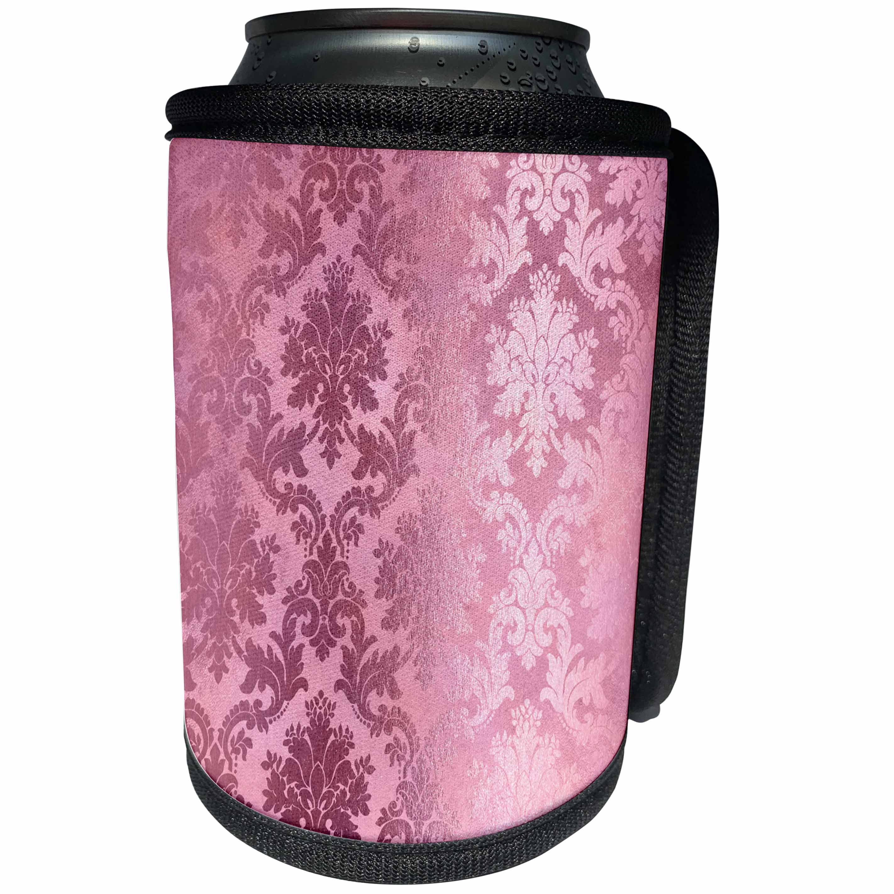 3dRose Anne Marie Baugh - Foil Patterns - Pretty Pink On Pink Faux Foil Damask Print Pattern - Can Cooler Bottle Wrap (cc_254821)