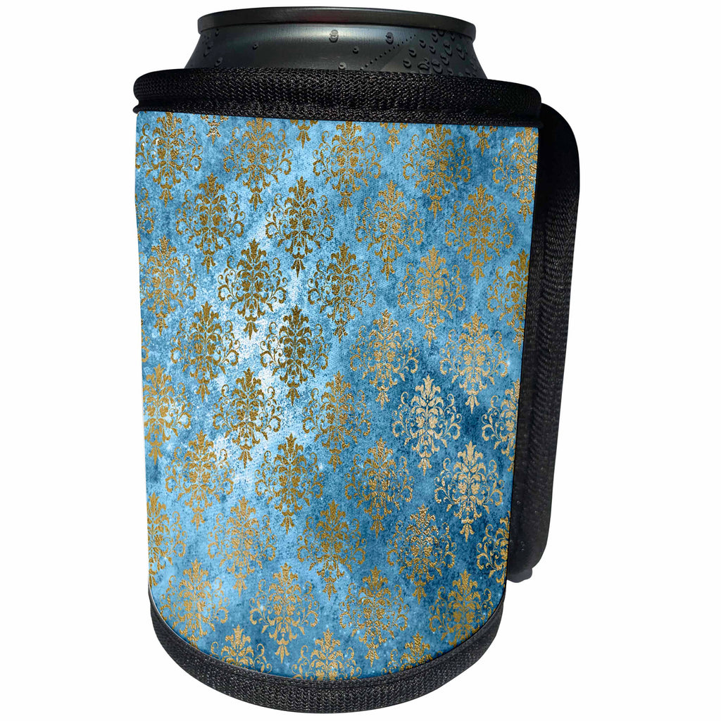 3dRose Anne Marie Baugh - Patterns - Pretty Blue and Gold Distressed Damask - Can Cooler Bottle Wrap (cc_254827)