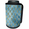 3dRose Anne Marie Baugh - Patterns - Pretty Blue and Gold Distressed Damask - Can Cooler Bottle Wrap (cc_254827)