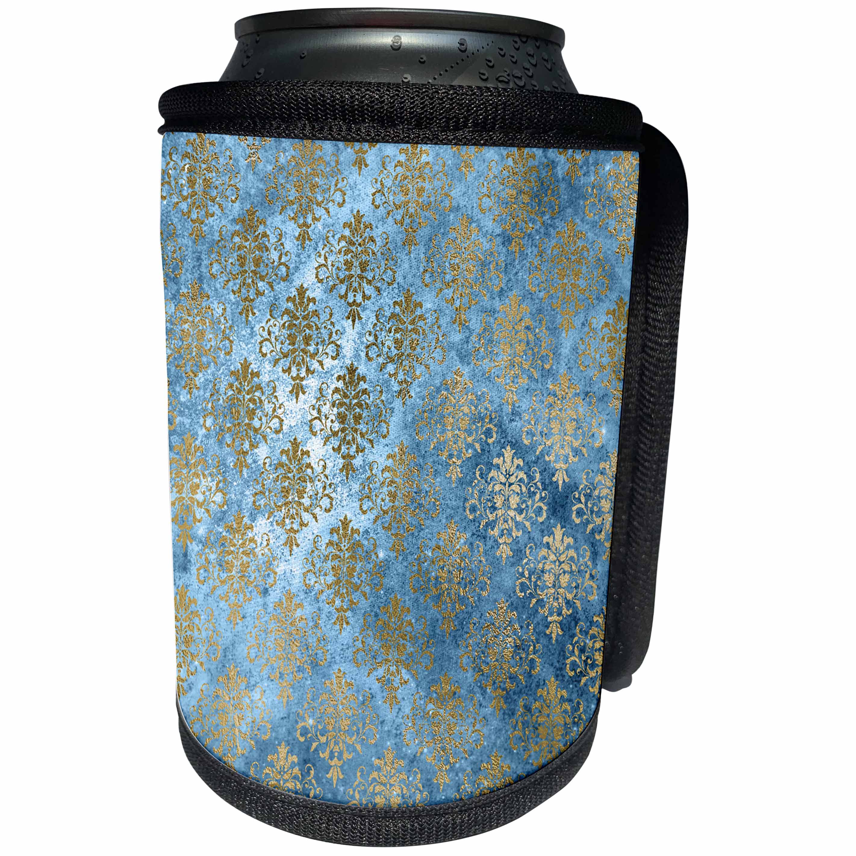 3dRose Anne Marie Baugh - Patterns - Pretty Blue and Gold Distressed Damask - Can Cooler Bottle Wrap (cc_254827)