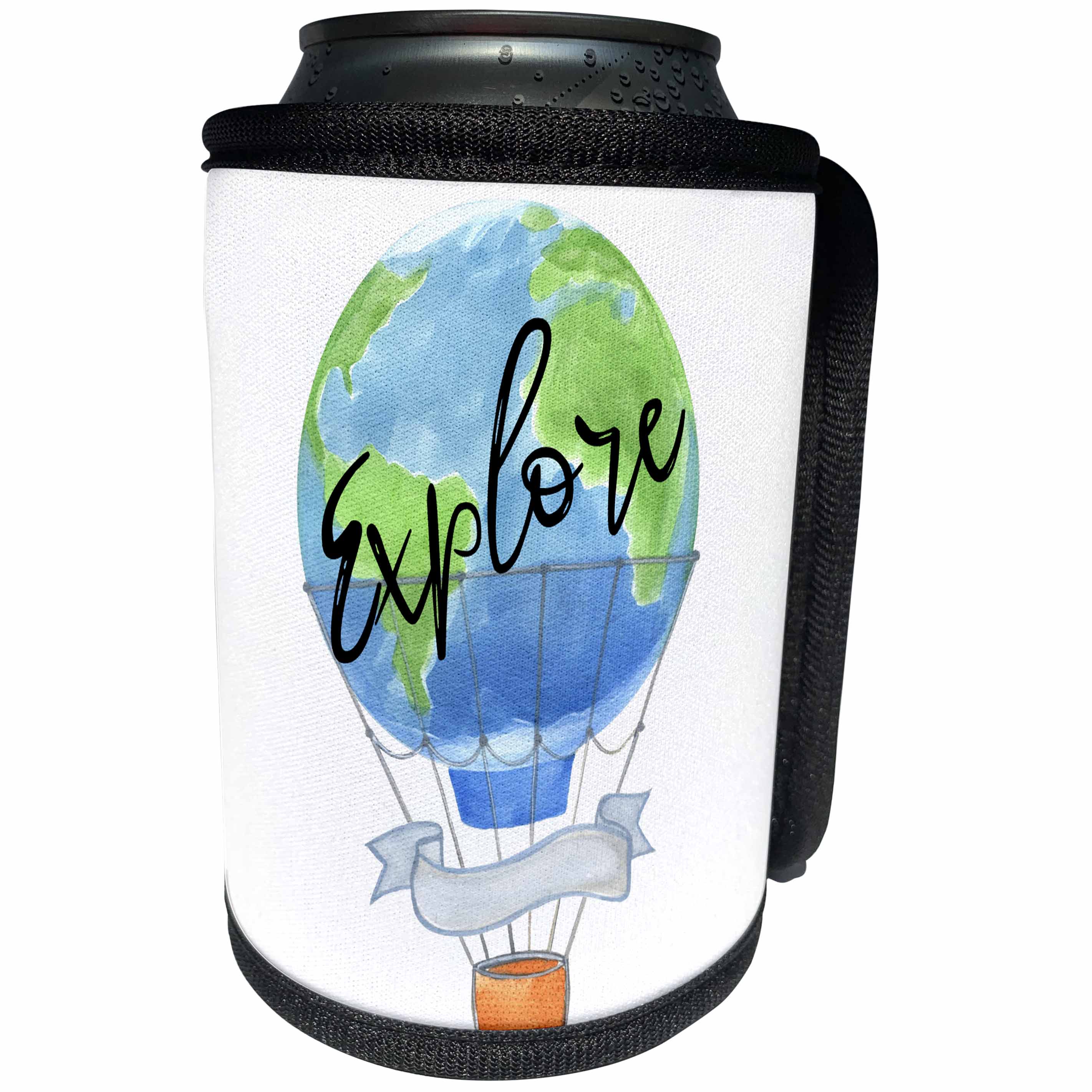 3dRose Anne Marie Baugh - Illustrations - Watercolor Earth Patterned Hot Air Balloon with the Word Explore - Can Cooler Bottle Wrap (cc_254829)