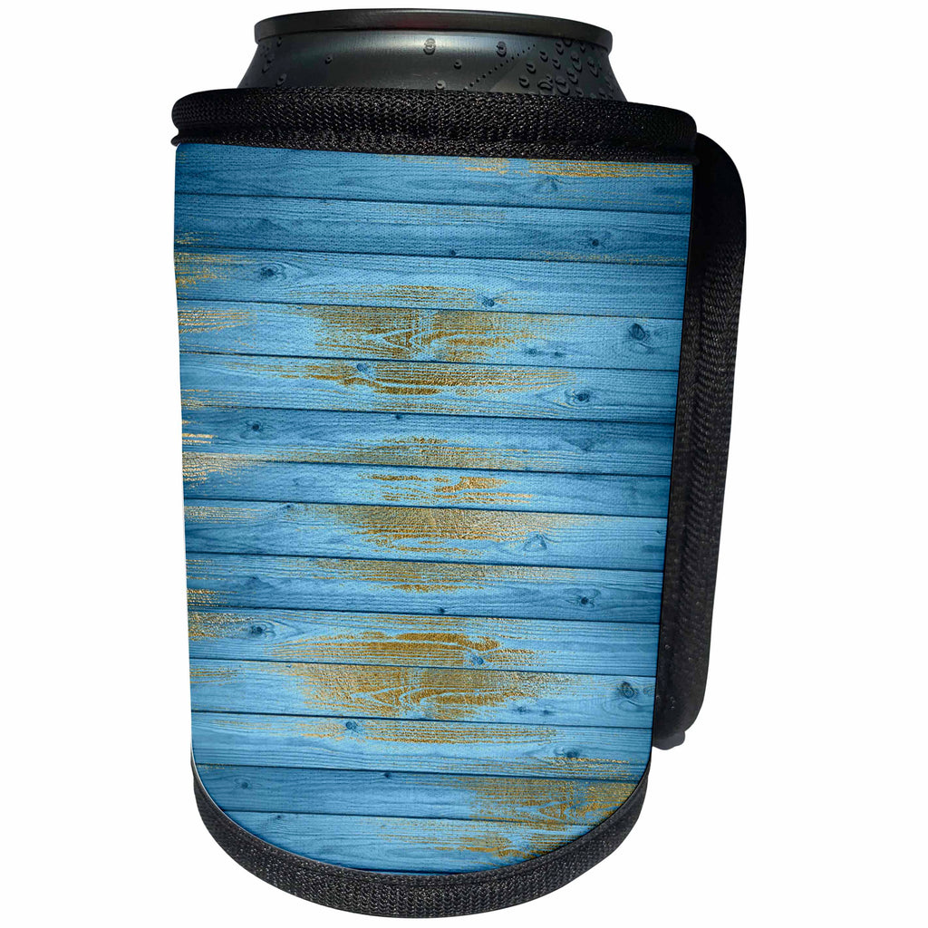 3dRose Anne Marie Baugh - Wood Effects - Brilliant Blue and Gold Distressed Wood Print Pattern - Can Cooler Bottle Wrap (cc_254830)