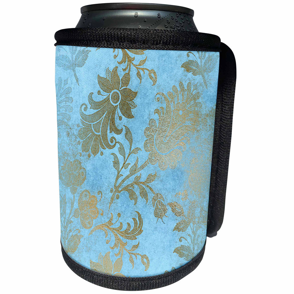 3dRose Anne Marie Baugh - Patterns - Pretty Light Blue and Gold Distressed Floral Pattern - Can Cooler Bottle Wrap (cc_254831)