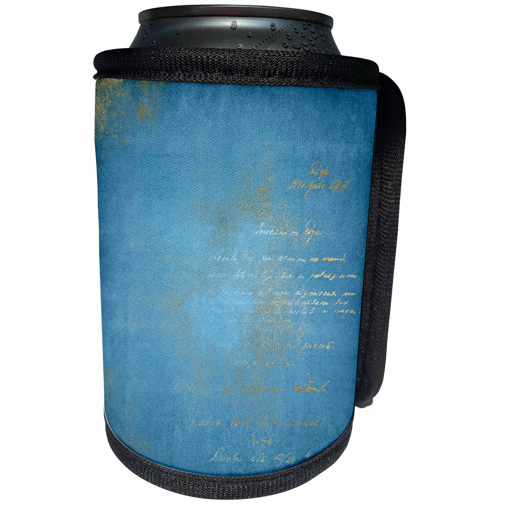 3dRose Anne Marie Baugh - Grunge - Glam Blue and Gold Writing Grunge - Can Cooler Bottle Wrap (cc_254833)