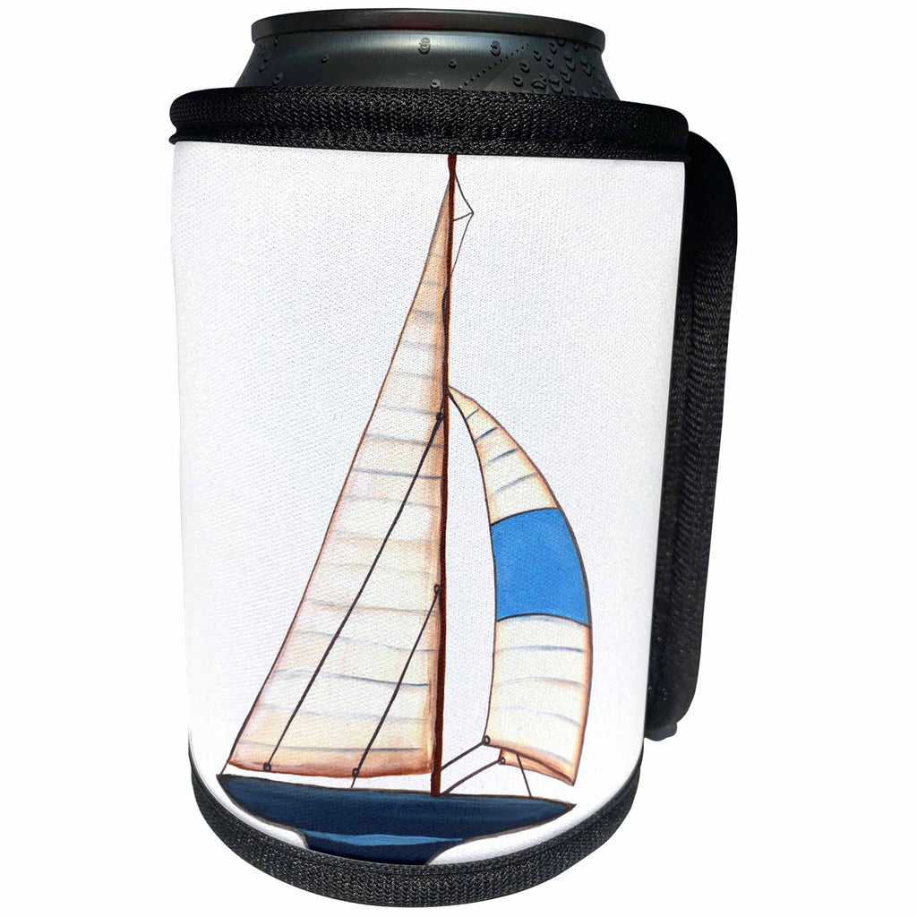 3dRose Anne Marie Baugh - Illustrations - Nautical Blue and White Sailboat Illustration - Can Cooler Bottle Wrap (cc_254842)