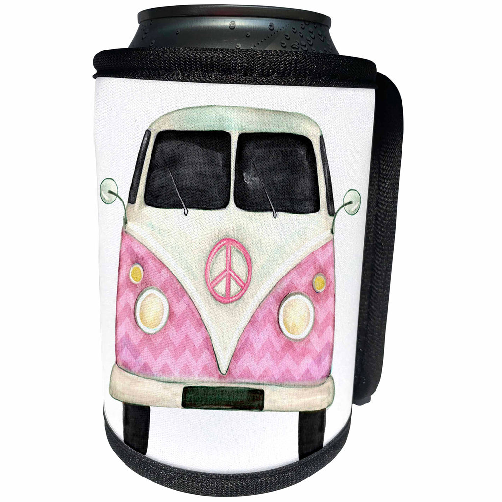 3dRose Anne Marie Baugh - Illustrations - Pink Peace Sign 1960s Era Van - Can Cooler Bottle Wrap (cc_254843)