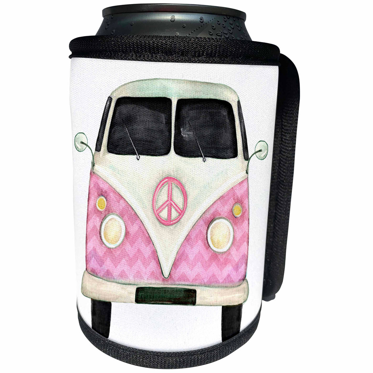 3dRose Anne Marie Baugh - Illustrations - Pink Peace Sign 1960s Era Van - Can Cooler Bottle Wrap (cc_254843)