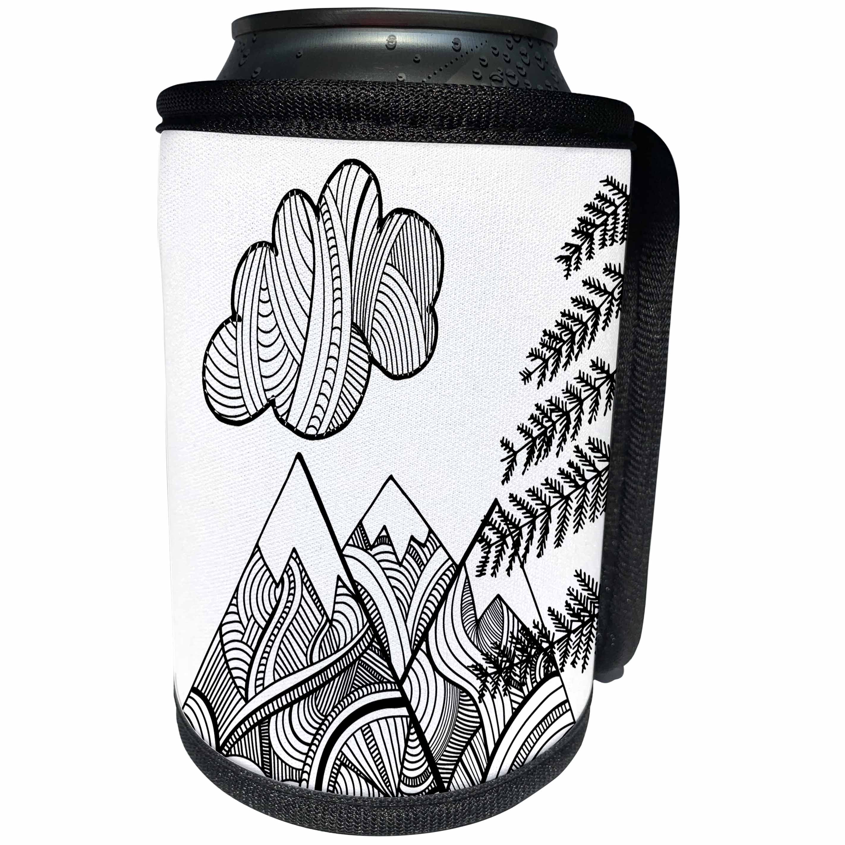 3dRose Black and White Patterned Mountain Scene - Can Cooler Bottle Wrap (cc_254844)