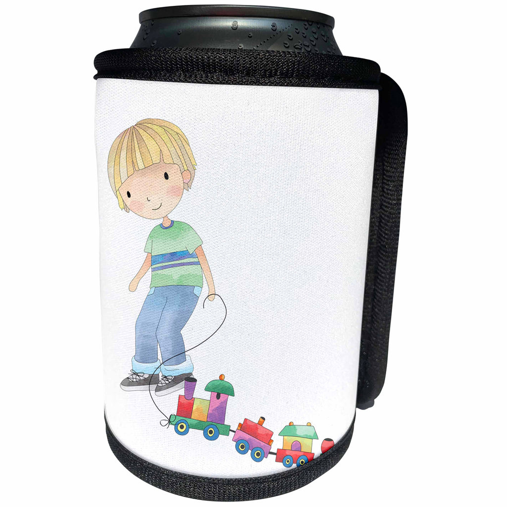 3dRose Anne Marie Baugh - Illustrations - Cute Little Boy With His Toy Train Illustration - Can Cooler Bottle Wrap (cc_254858)