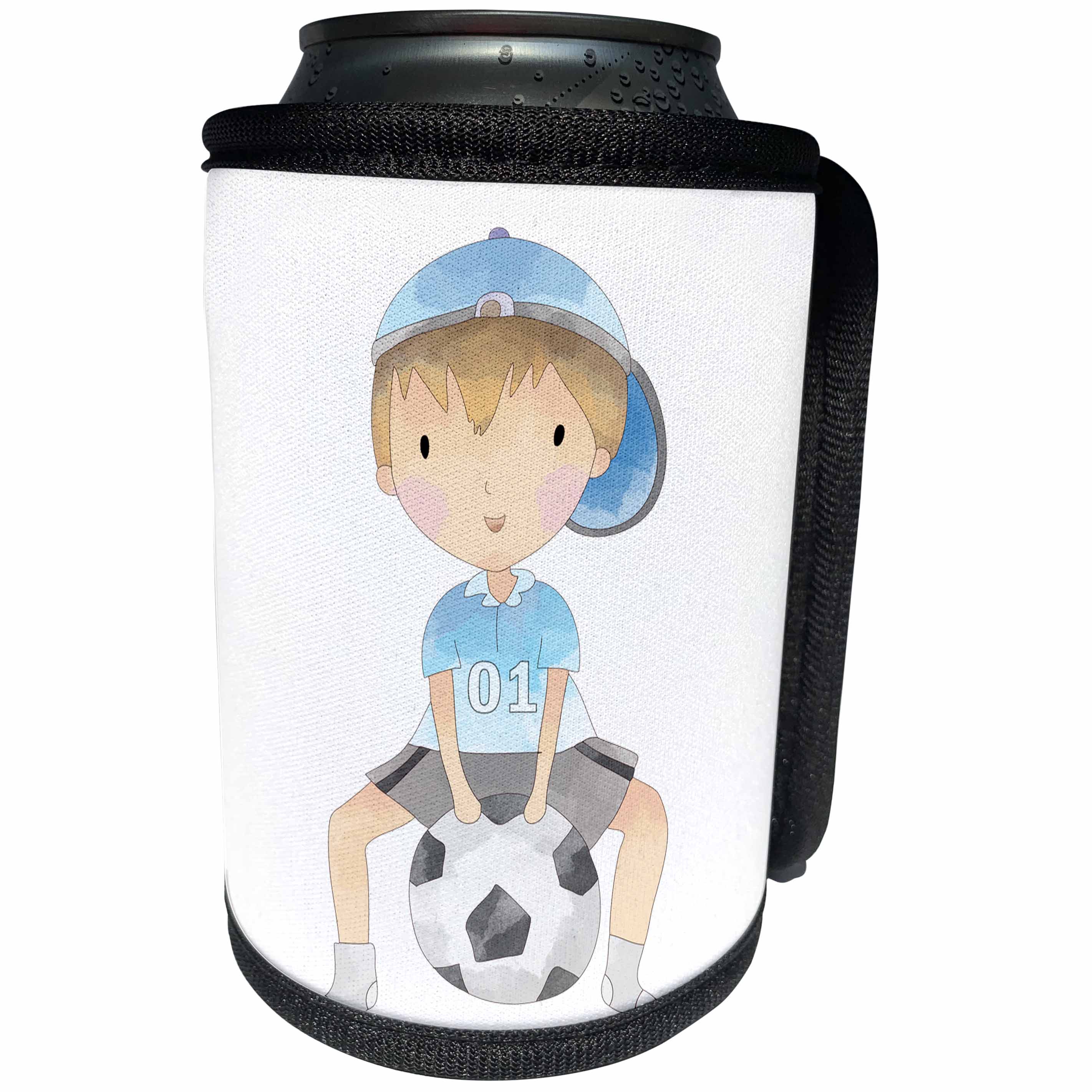 3dRose Anne Marie Baugh - Illustrations - Cute Little Boy Sitting On His Soccer Ball Illustration - Can Cooler Bottle Wrap (cc_254859)