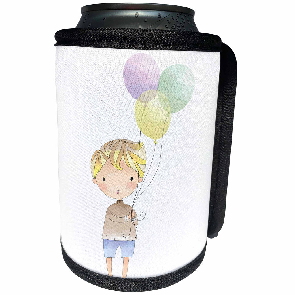 3dRose Anne Marie Baugh - Illustrations - Cute Little Boy With A Bunch Of Balloons Illustration - Can Cooler Bottle Wrap (cc_254860)