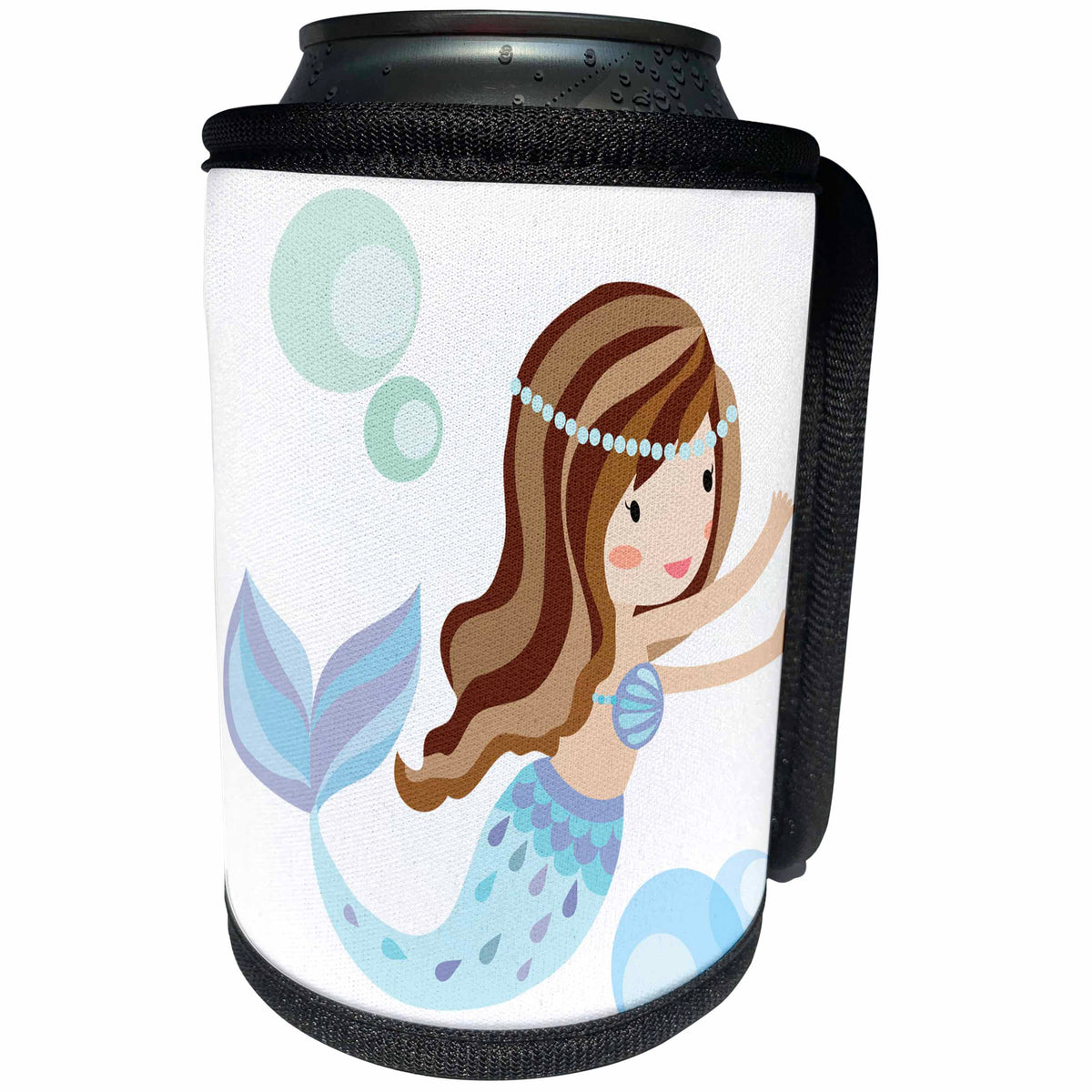 3dRose Anne Marie Baugh - Illustrations - Cute Dark Haired Mermaid In Blue Illustration - Can Cooler Bottle Wrap (cc_254870)