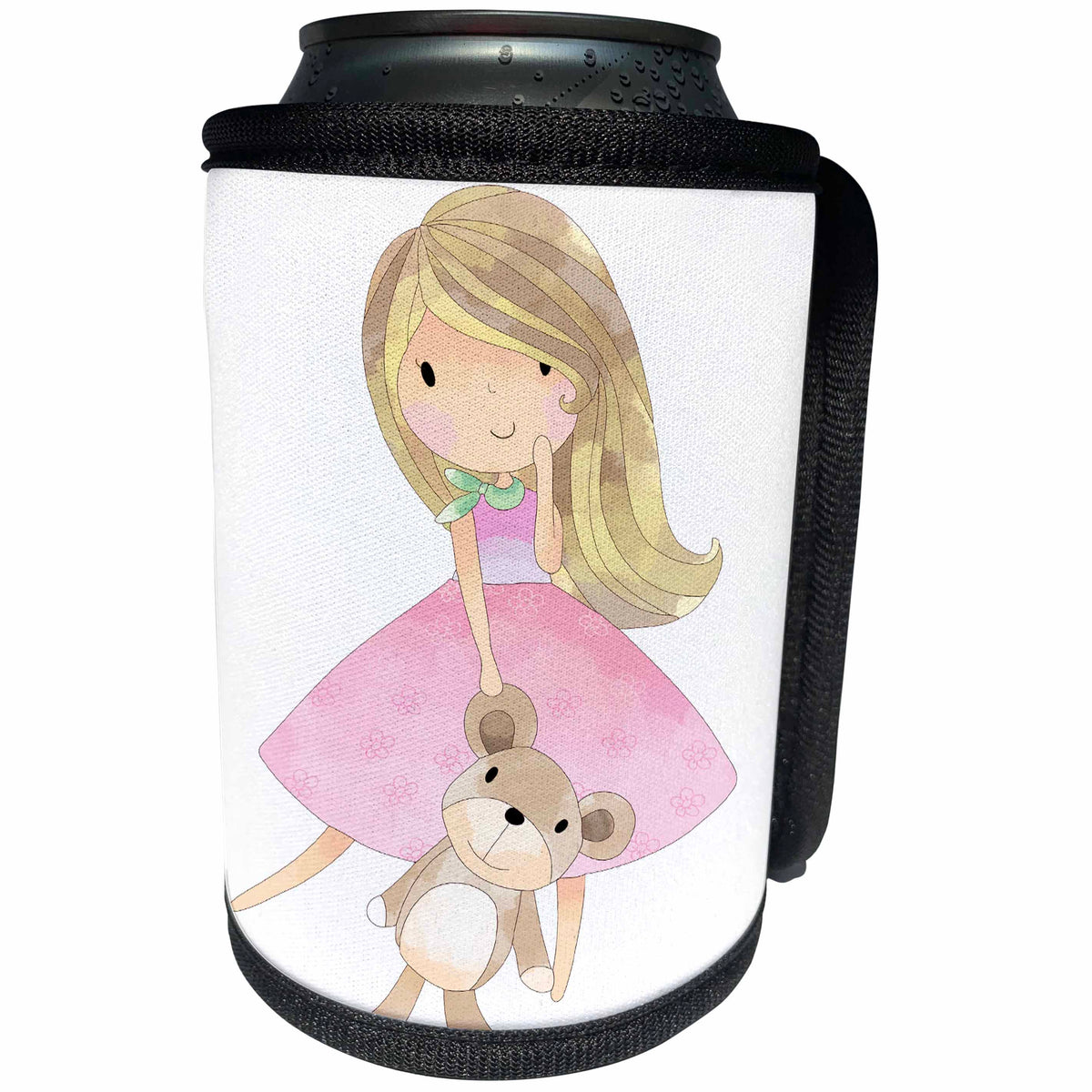 3dRose Anne Marie Baugh - Illustrations - Cute Little Blonde Girl With Toy Bear Illustration - Can Cooler Bottle Wrap (cc_254874)