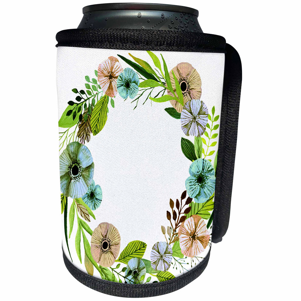 3dRose Anne Marie Baugh - Floral - Pretty Watercolor Green and Aqua Floral Wreath - Can Cooler Bottle Wrap (cc_254894)