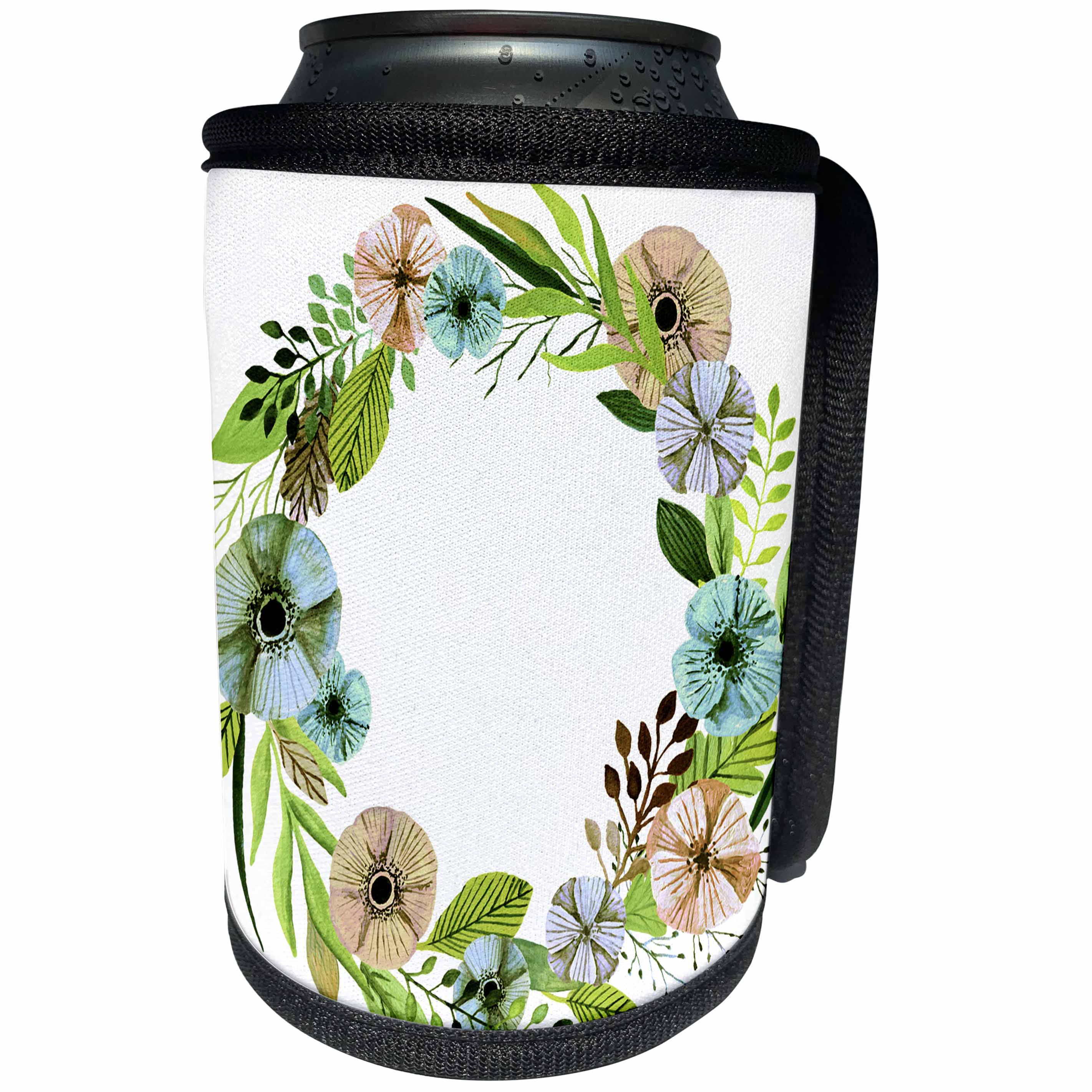 3dRose Anne Marie Baugh - Floral - Pretty Watercolor Green and Aqua Floral Wreath - Can Cooler Bottle Wrap (cc_254894)