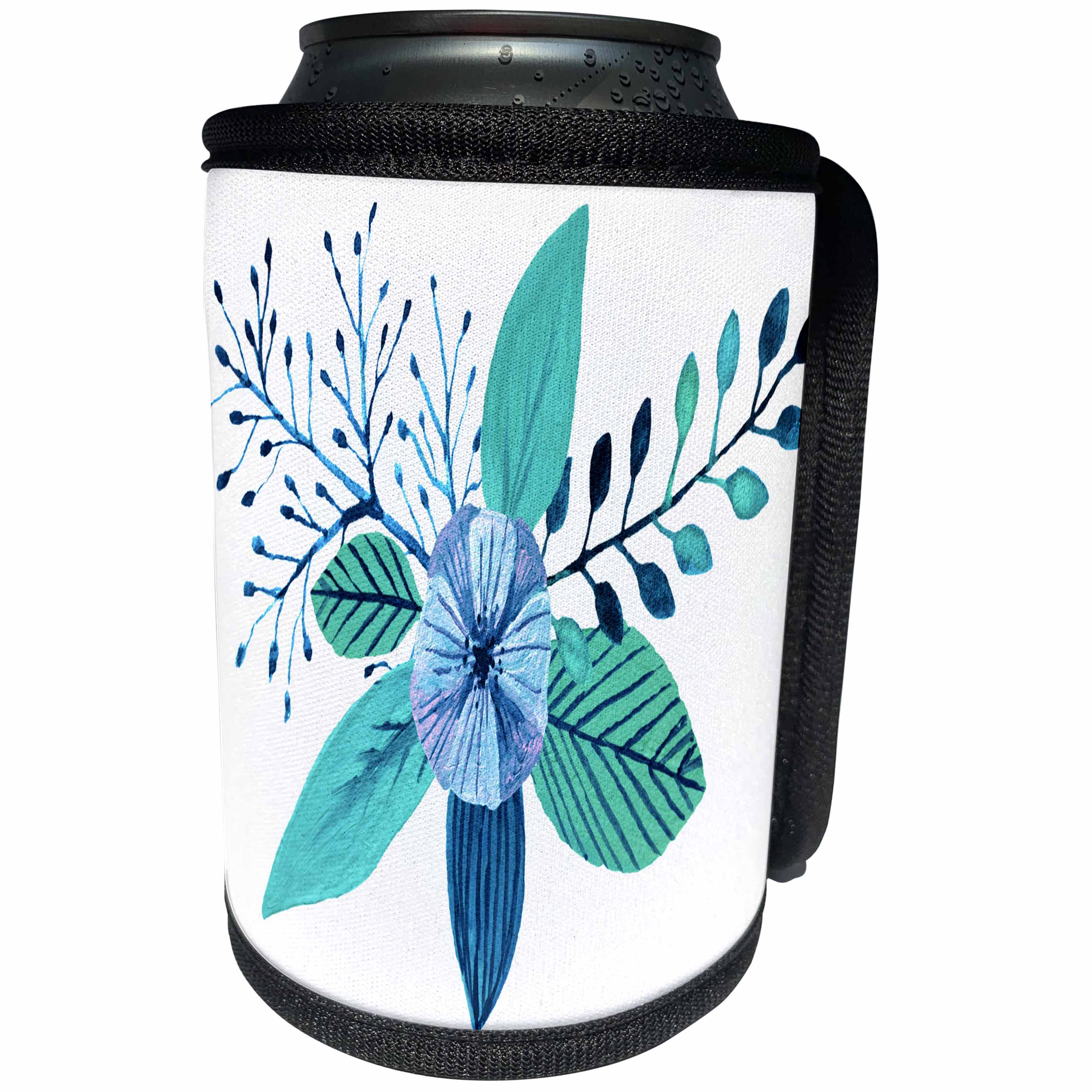 3dRose Anne Marie Baugh - Floral - Pretty Aqua and Blue Watercolor Flower Spray - Can Cooler Bottle Wrap (cc_254897)